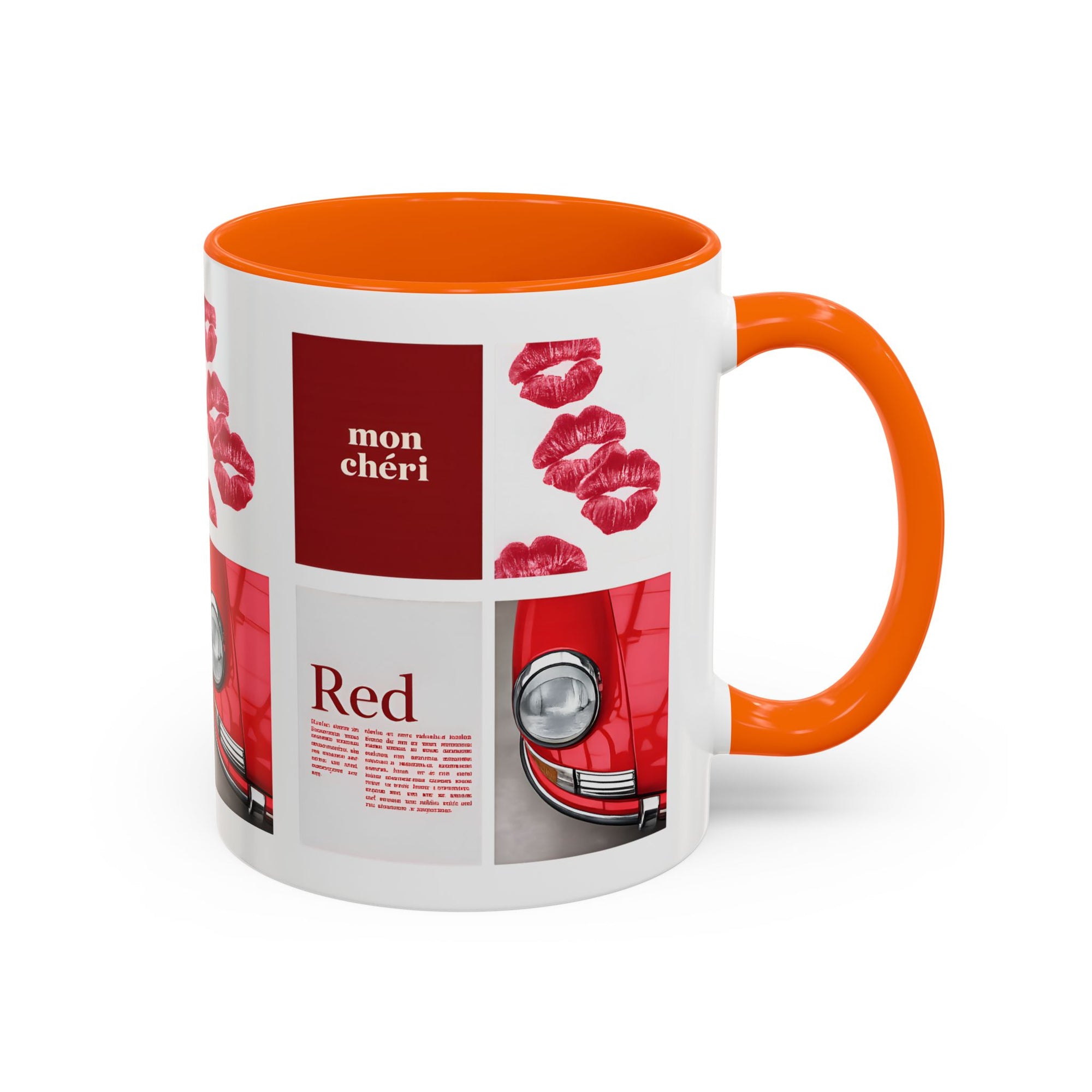 Red Mug | Vintage Car & Kiss Print Coffee Cup | Colorful Ceramic