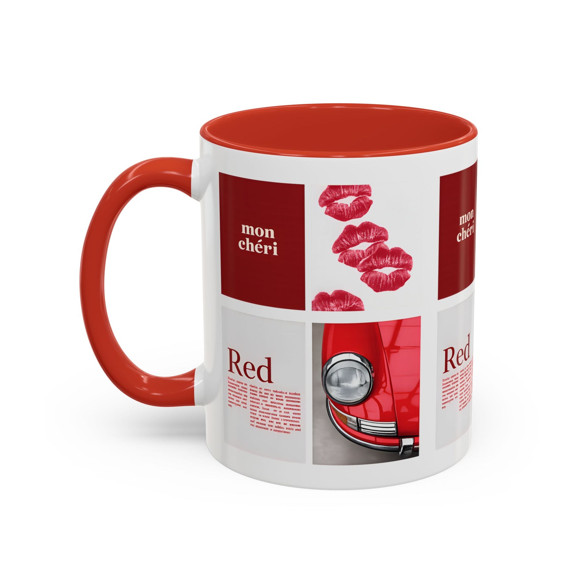 Red Mug | Vintage Car & Kiss Print Coffee Cup | Colorful Ceramic