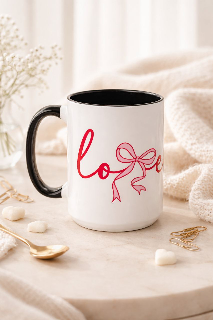 Romantic Love Mug | White Ceramic Coffee Cup with Red Bow Design, Colored Handle