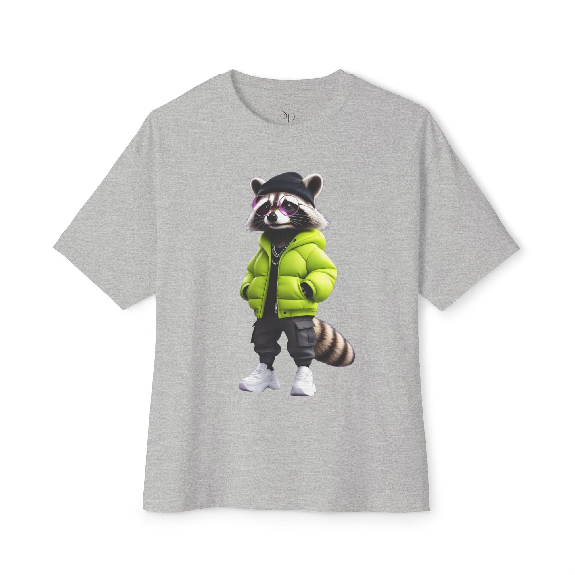 Raccoon Streetwear Tee — Green Puffer Jacket Graphic Oversized T-Shirt