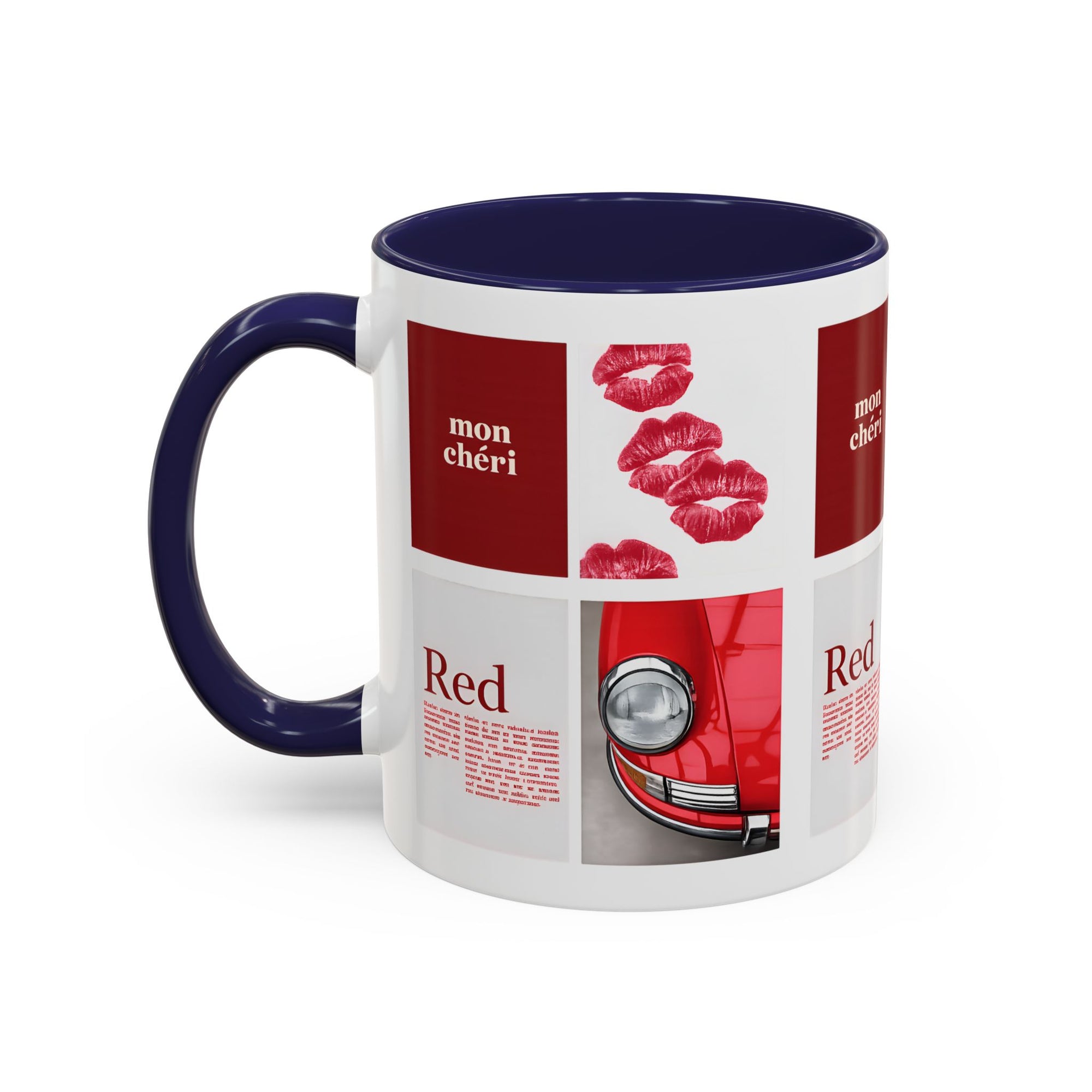 Red Mug | Vintage Car & Kiss Print Coffee Cup | Colorful Ceramic
