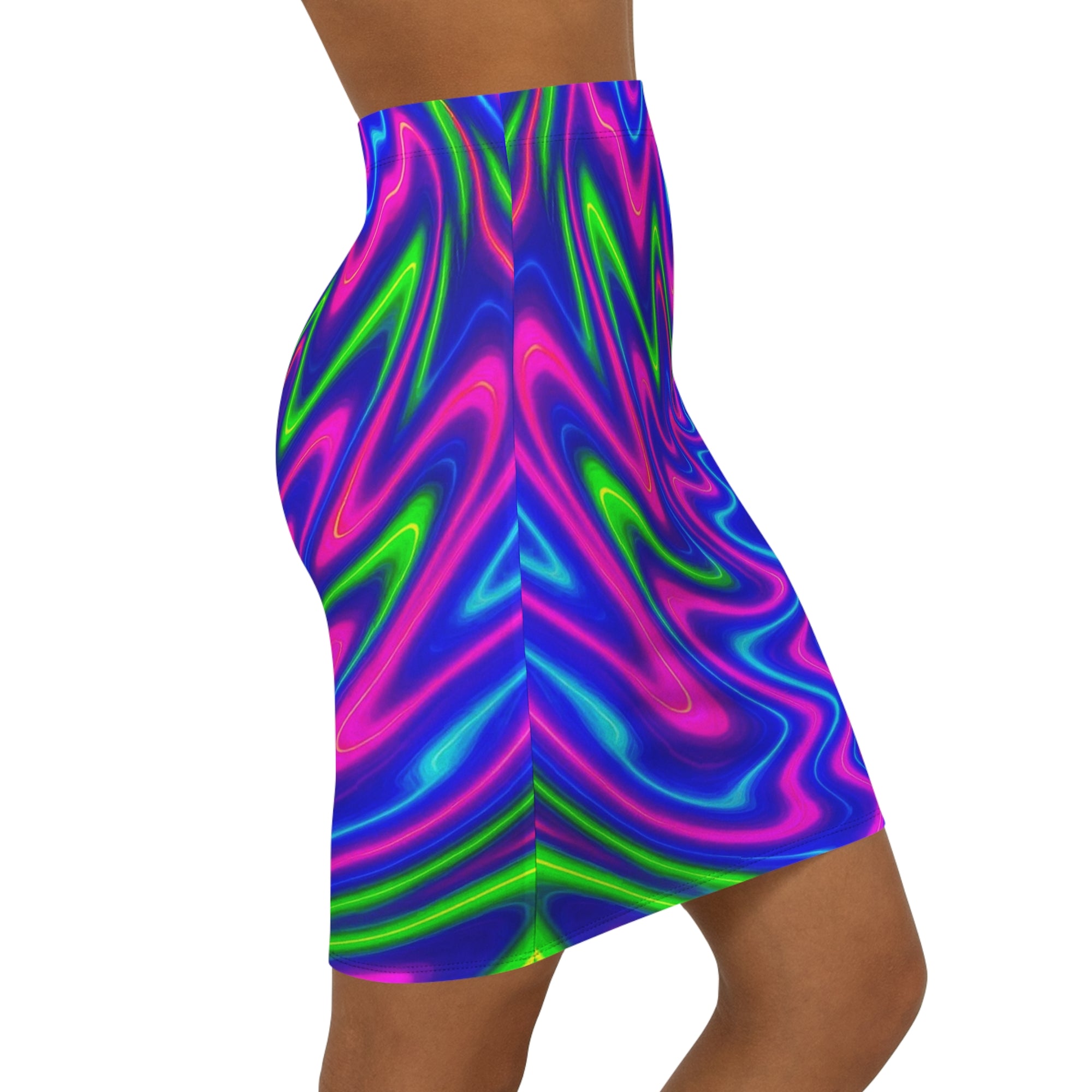 Electric Neon Swirl Mini Skirt | Trippy Pink & Blue Bodycon | Vibrant Festival Wear