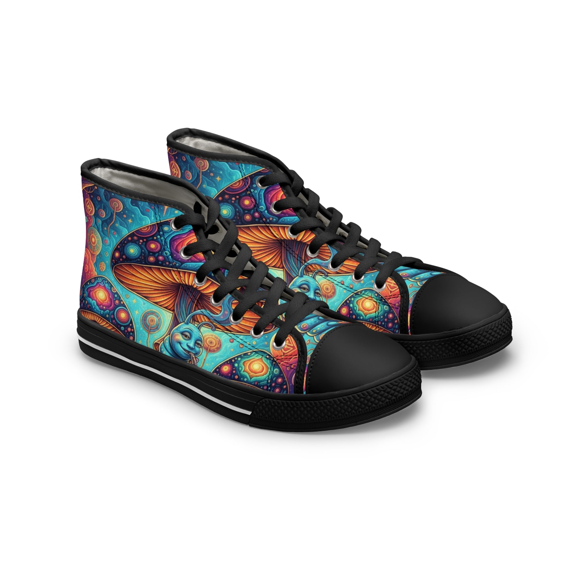 Colorful Psychedelic Mushroom Art High Top Sneakers | Trippy Botanical Pattern