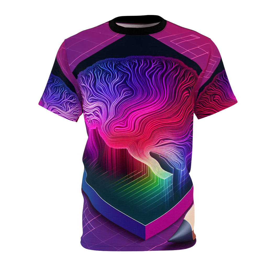 Cybernetic Mind Abstract Unisex Tee | Neon Brain Sci-Fi All-Over Print Shirt