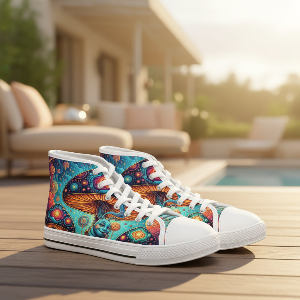 Mushroom Art High Top Sneakers | Colorful Trippy Shoes | Festival Fashion
