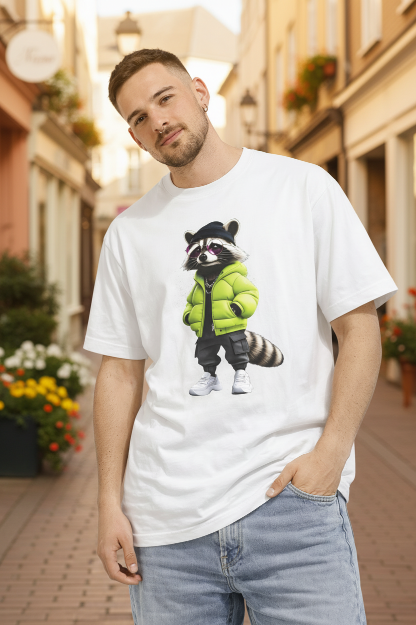 White oversized unisex T-shirt with a large center-front 3D cartoon raccoon graphic — the character wears a lime green puffer jacket, black cap, purple sunglasses, and white sneakers — worn on a golden-hour city street, Studio DeLuz.
