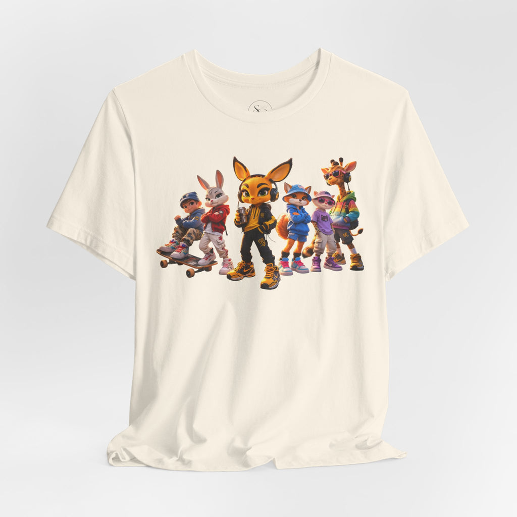 Anthropomorphic Skate Crew T-Shirt | Cartoon Fox, Bunny, Giraffe Characters