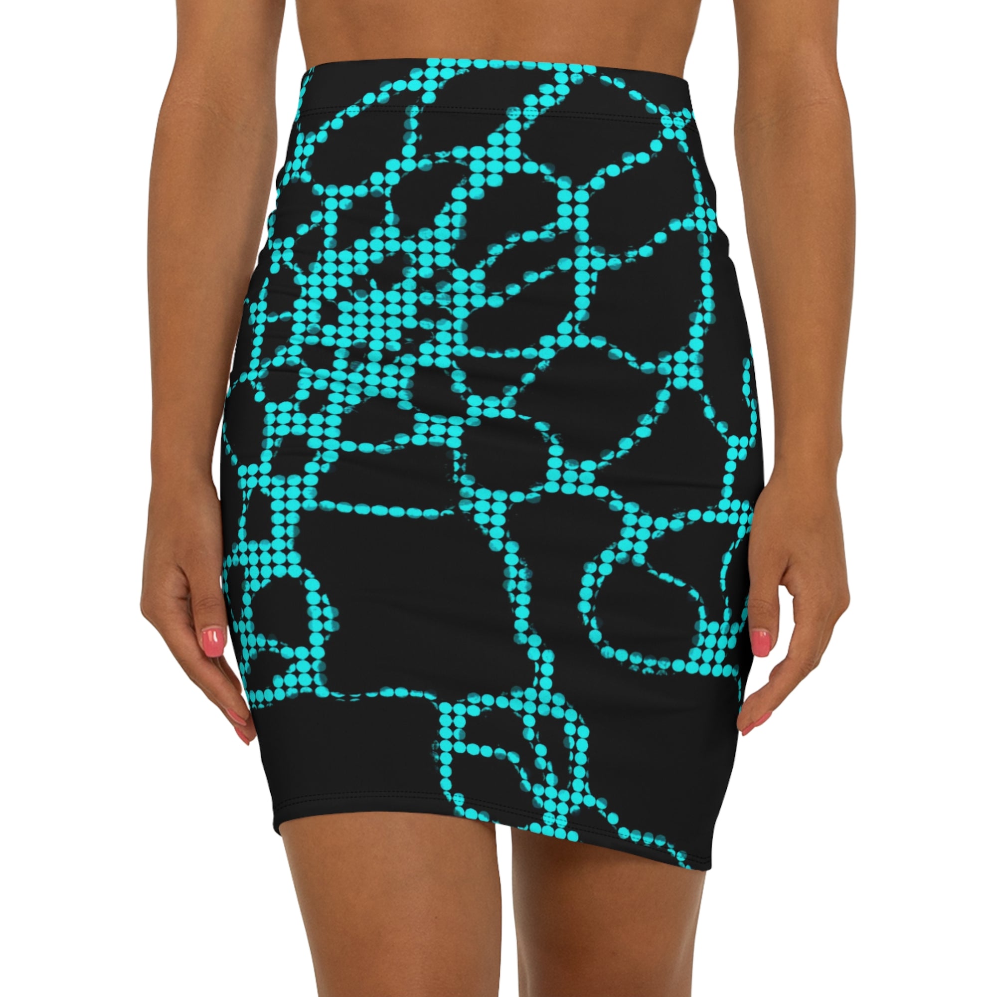 Cyber Neon Dot Mini Skirt | Futuristic Blue Grid Bodycon | Techwear Festival Outfit