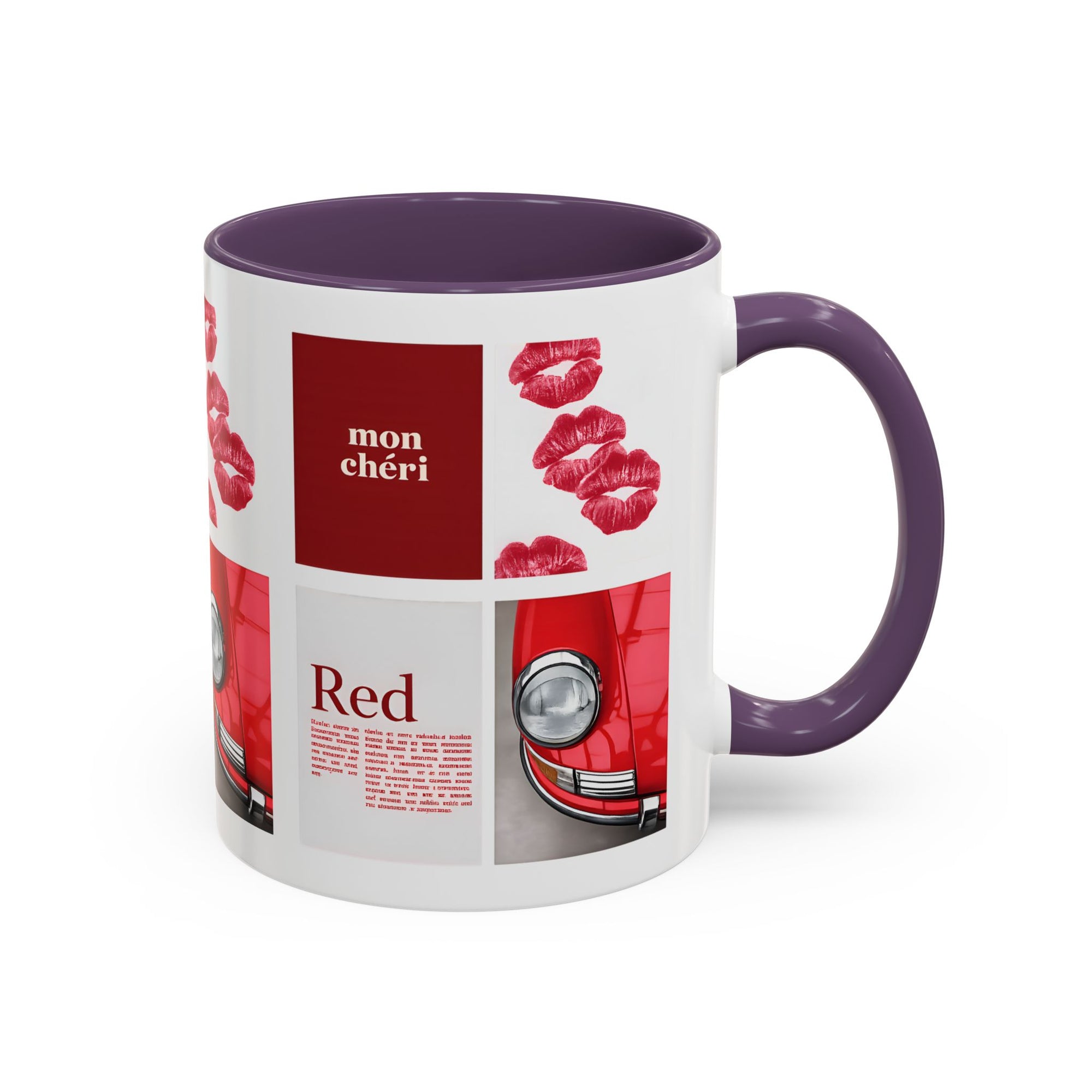 Red Mug | Vintage Car & Kiss Print Coffee Cup | Colorful Ceramic