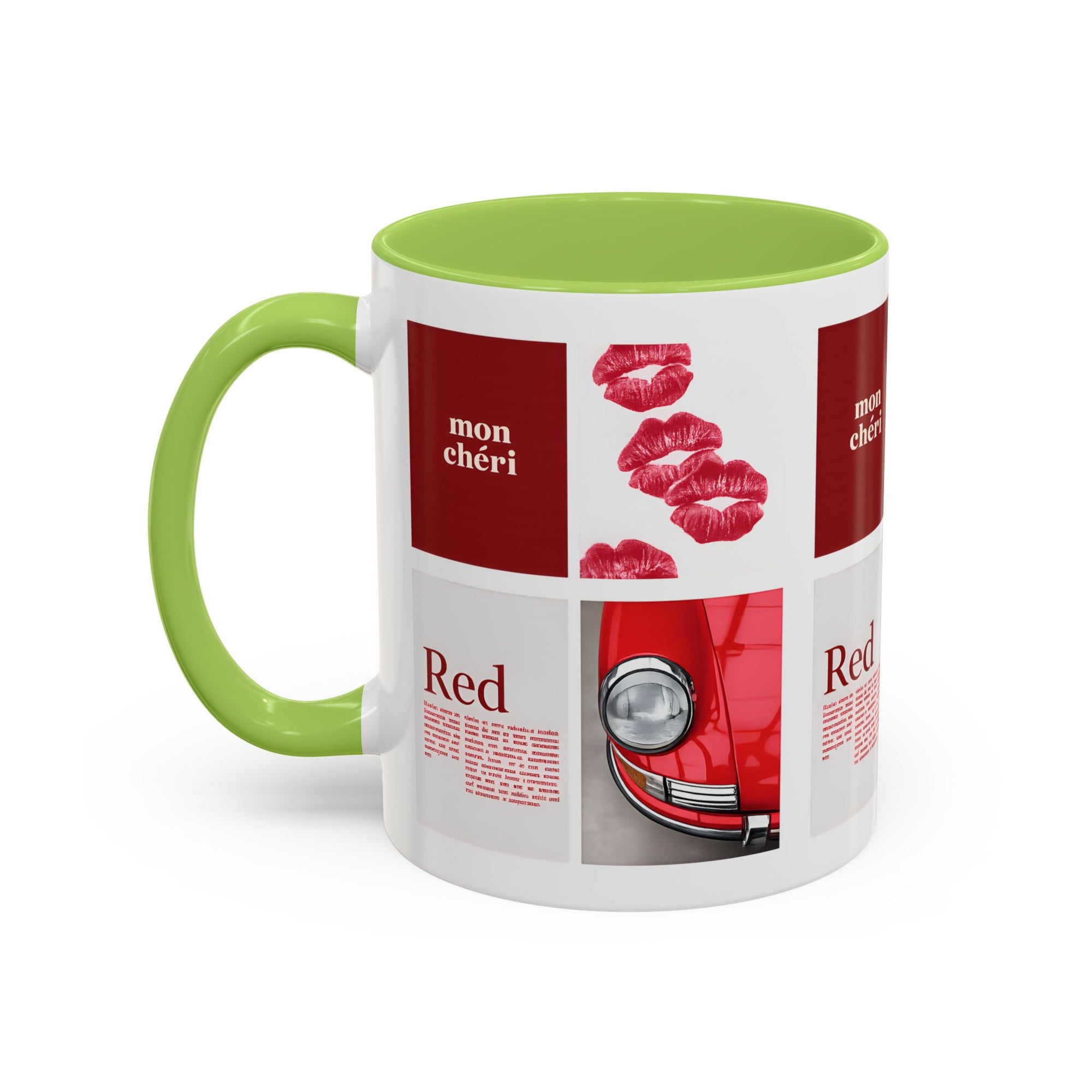 Red Mug | Vintage Car & Kiss Print Coffee Cup | Colorful Ceramic