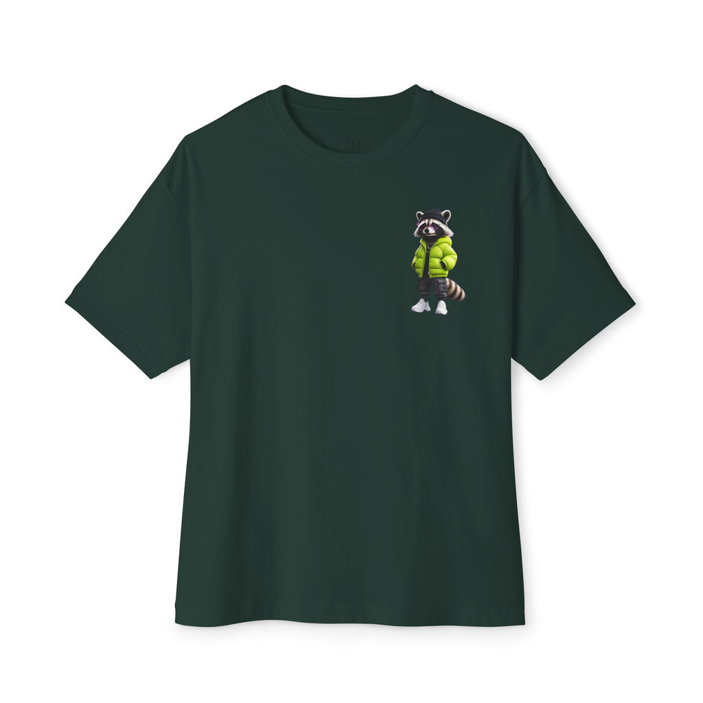 Raccoon Streetwear Tee — Cool Green Puffer Jacket Graphic Shirt