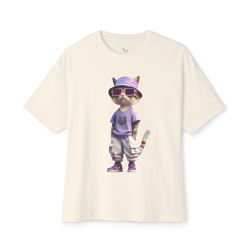 Cool Cat Graphic Oversized Tee – Purple Bucket Hat Streetwear T-Shirt
