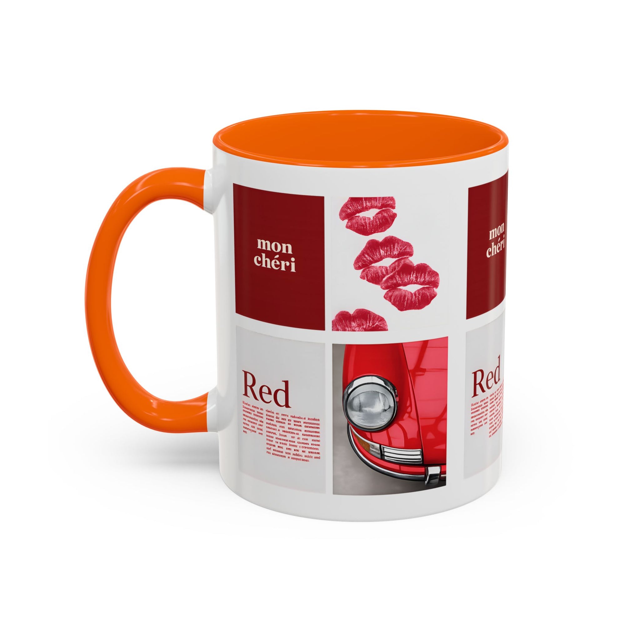 Red Mug | Vintage Car & Kiss Print Coffee Cup | Colorful Ceramic