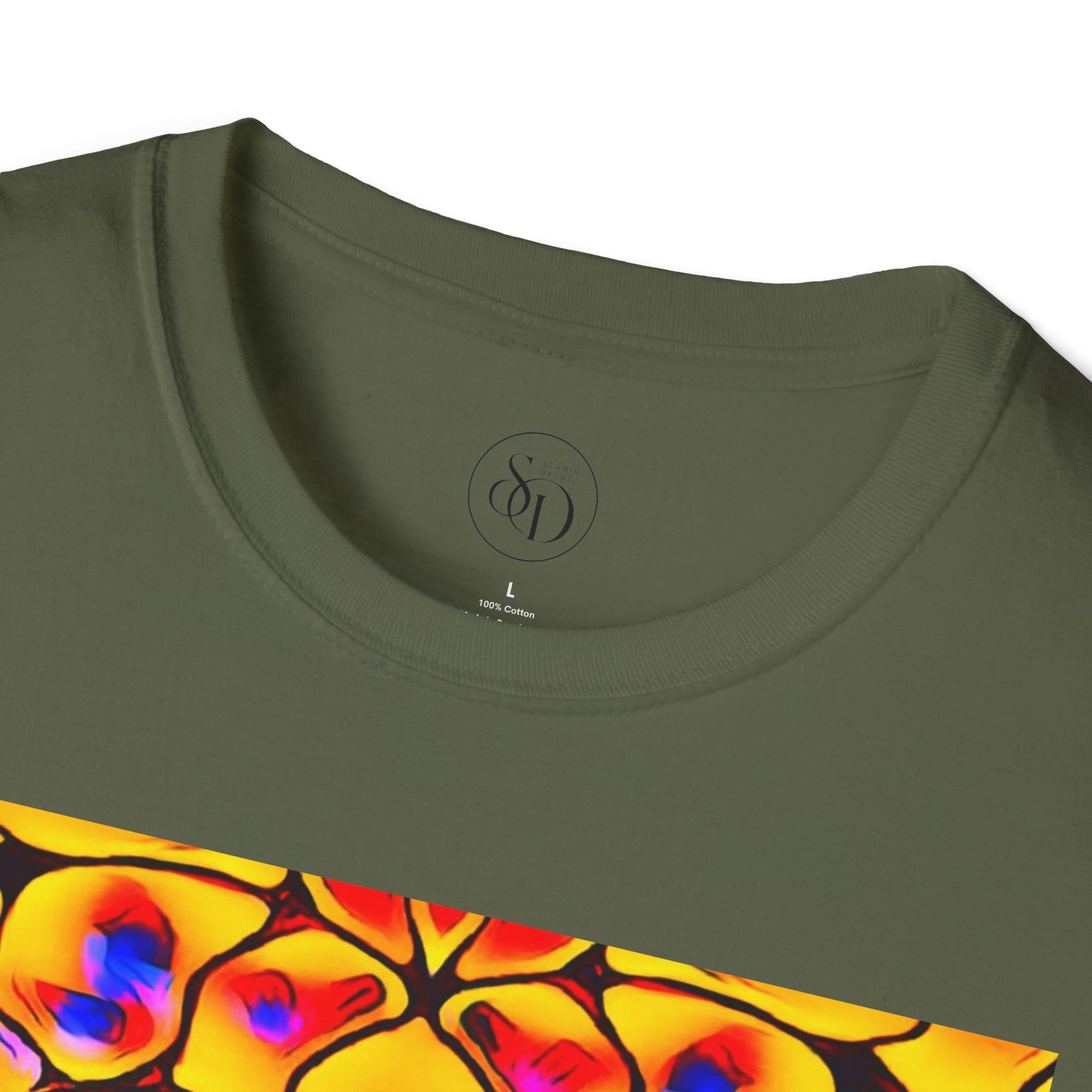 Energetic cotton t-shirt with vivid abstract design, radiates color, power, and inner fire
