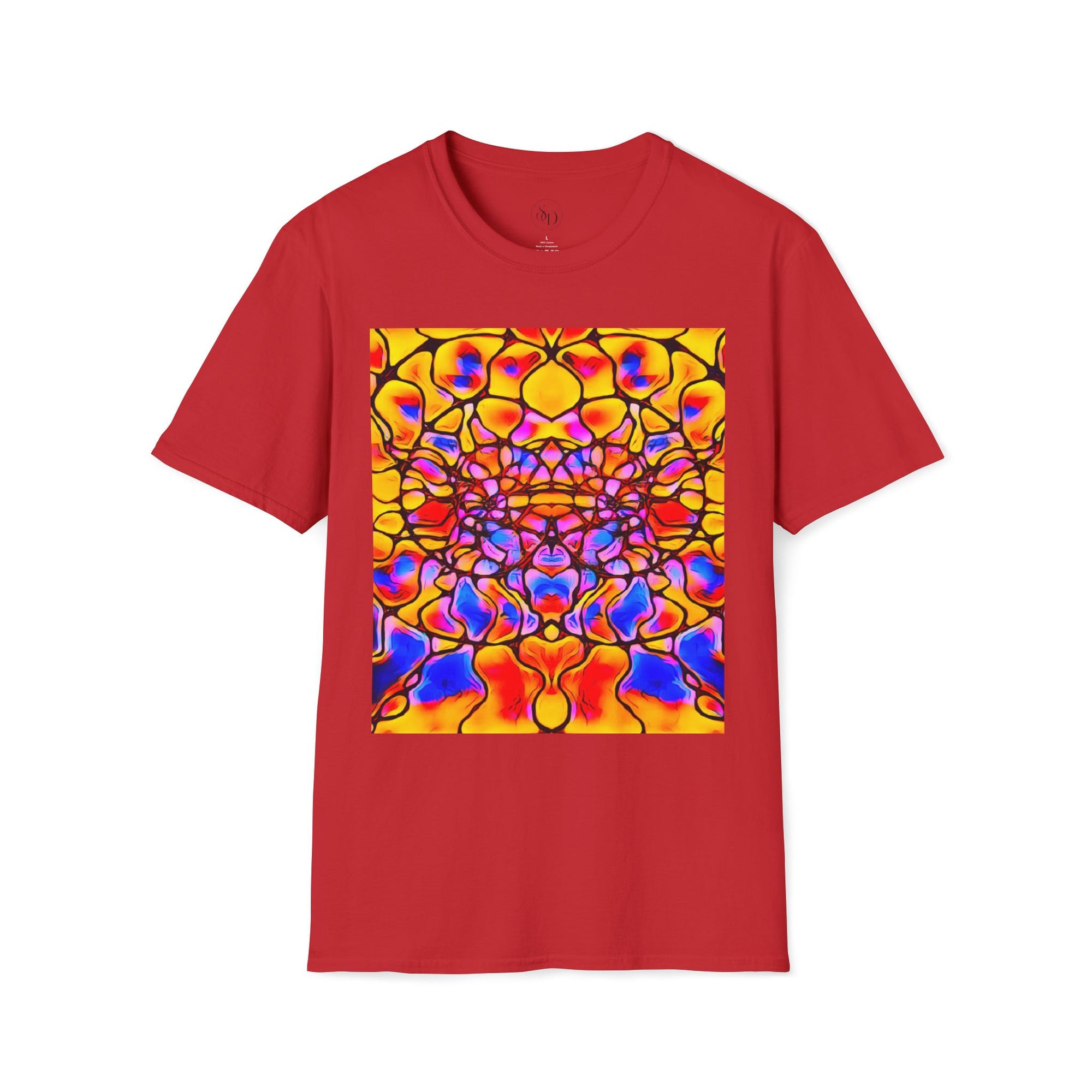 Energetic cotton t-shirt with vivid abstract design, radiates color, power, and inner fire