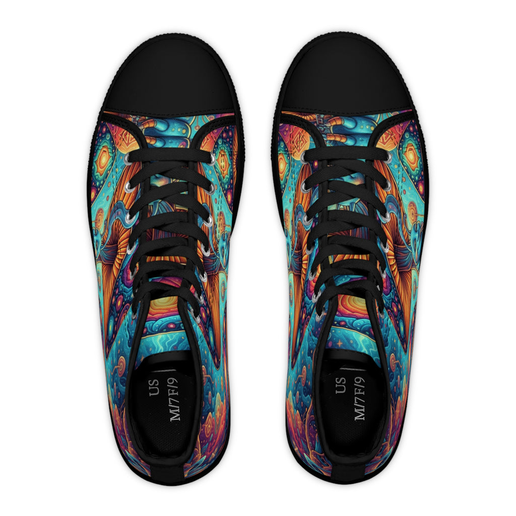 Colorful Psychedelic Mushroom Art High Top Sneakers | Trippy Botanical Pattern