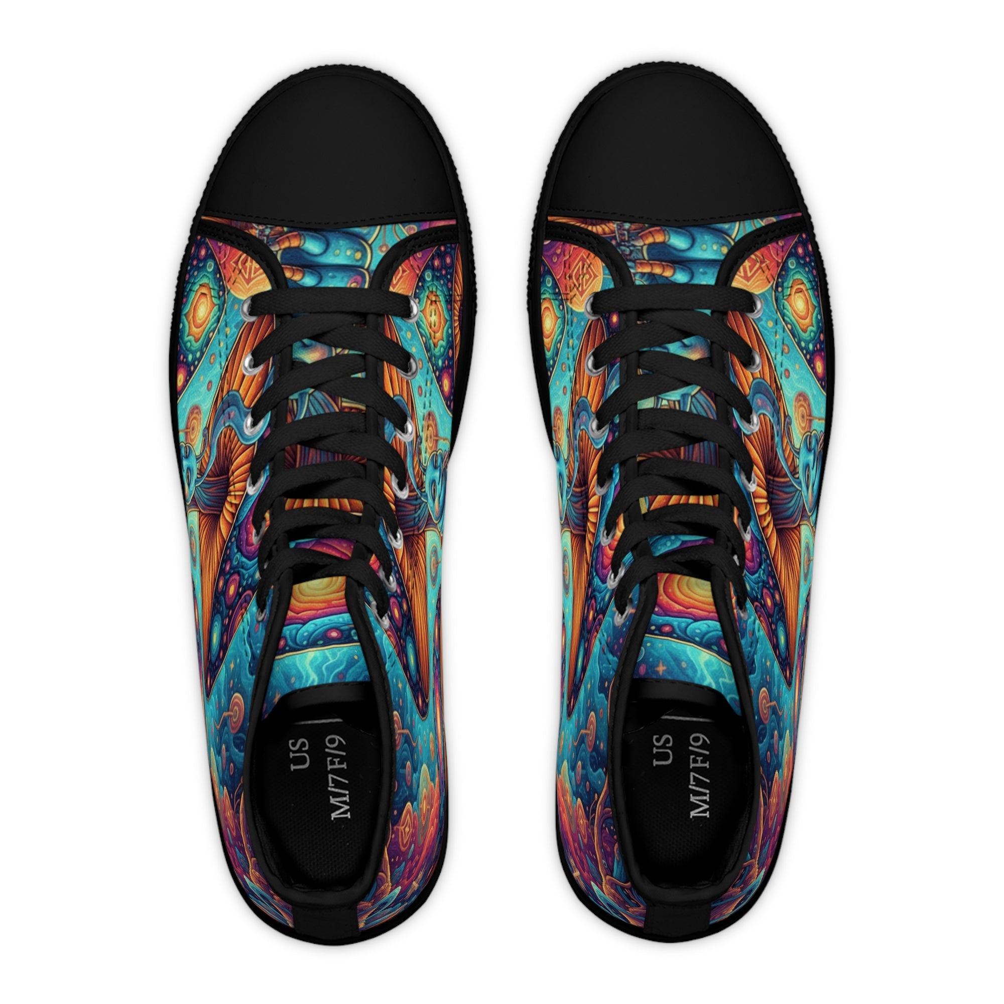 Colorful Psychedelic Mushroom Art High Top Sneakers | Trippy Botanical Pattern
