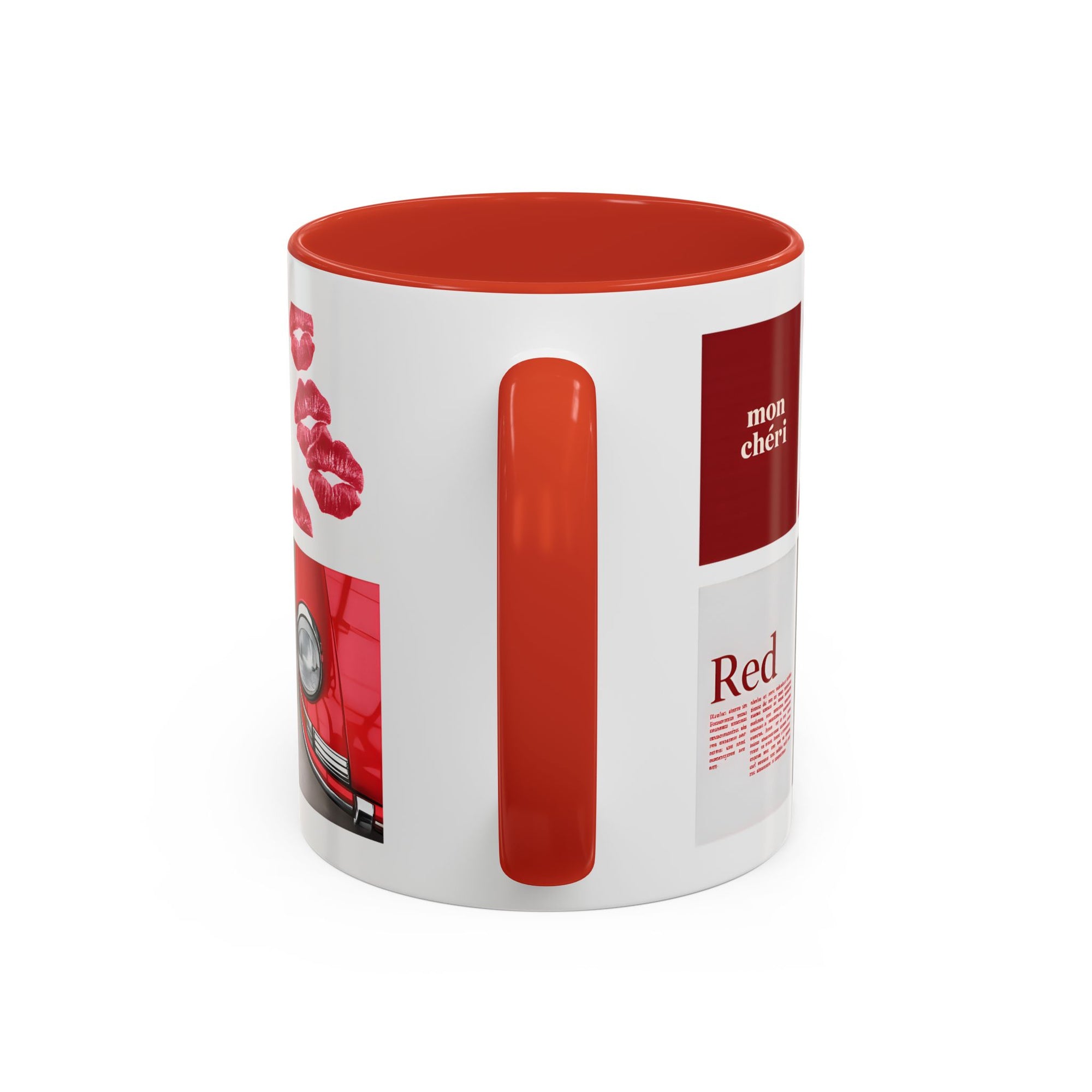Red Mug | Vintage Car & Kiss Print Coffee Cup | Colorful Ceramic