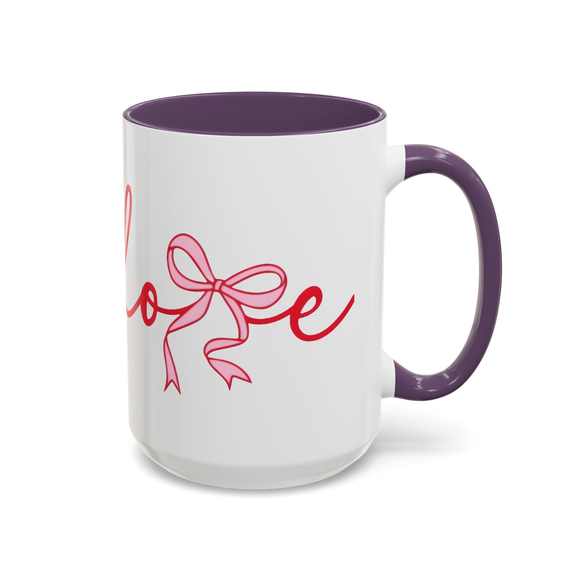 Romantic Love Mug | White Ceramic Coffee Cup with Red Bow Design, Colored Handle