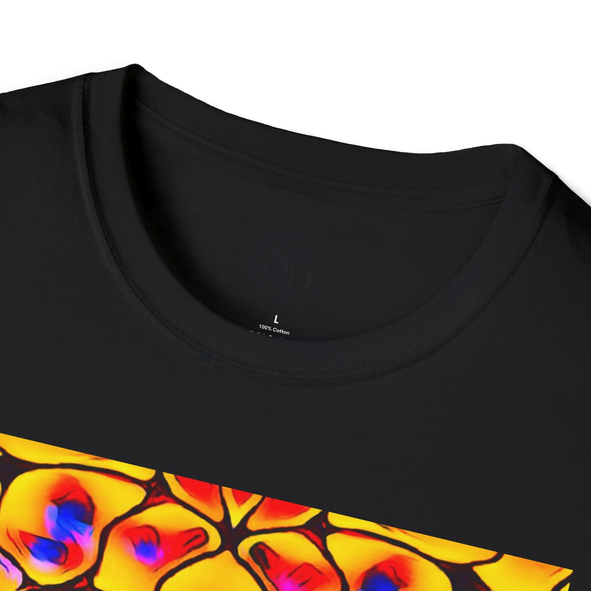 Energetic cotton t-shirt with vivid abstract design, radiates color, power, and inner fire