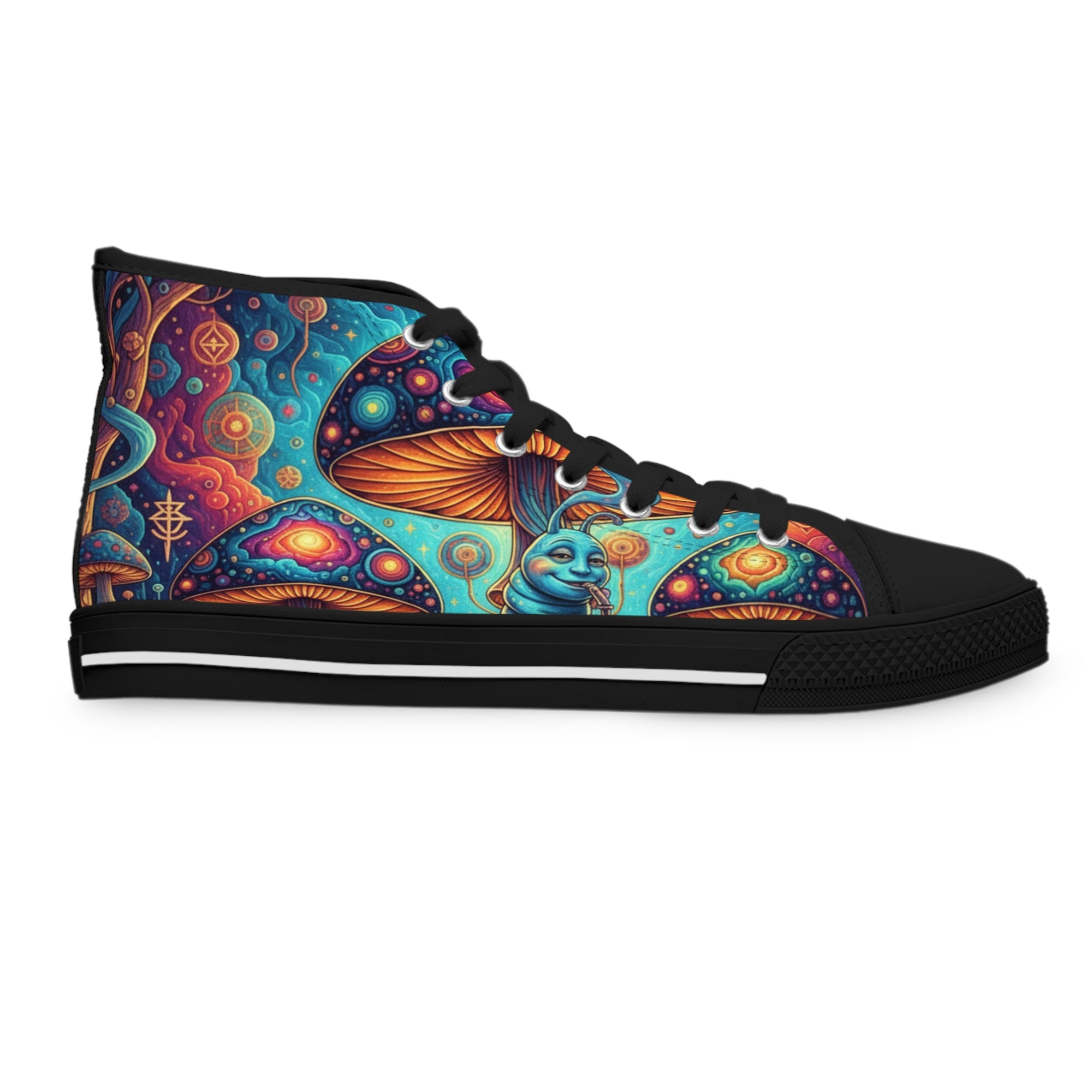 Colorful Psychedelic Mushroom Art High Top Sneakers | Trippy Botanical Pattern
