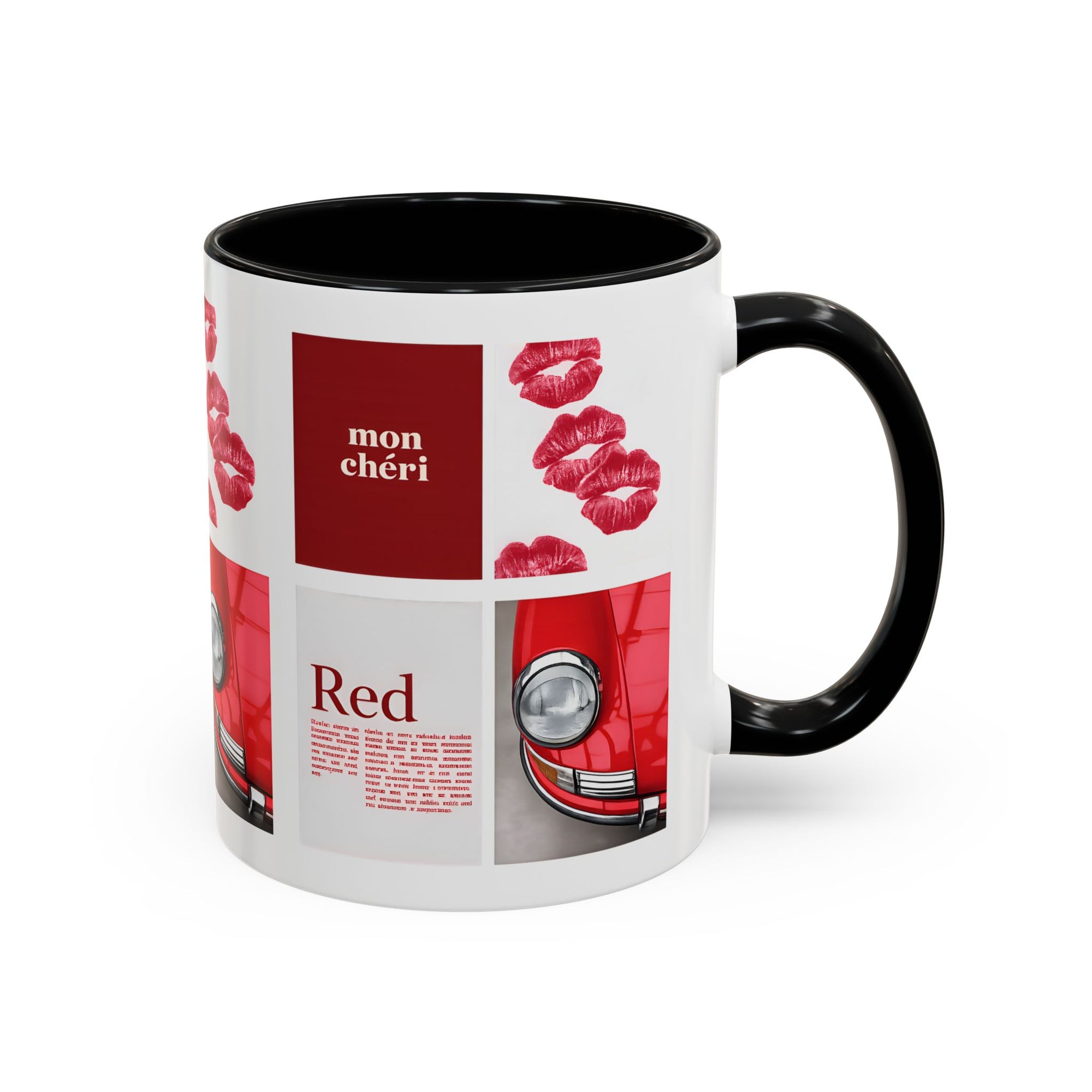 Red Mug | Vintage Car & Kiss Print Coffee Cup | Colorful Ceramic