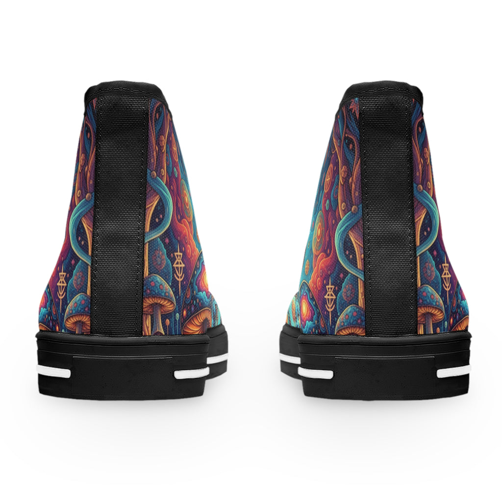 Colorful Psychedelic Mushroom Art High Top Sneakers | Trippy Botanical Pattern