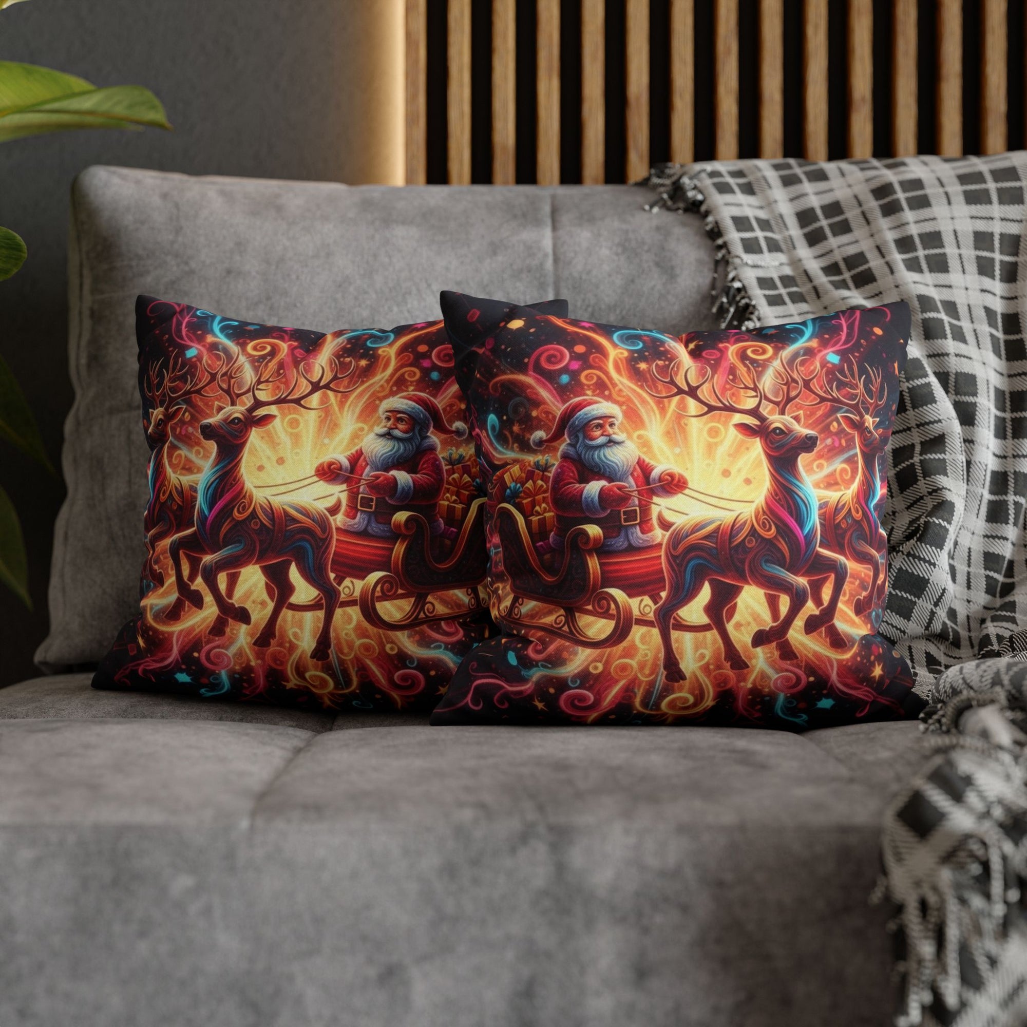 Santa Sleigh Throw Pillow | Christmas Reindeer Cushion