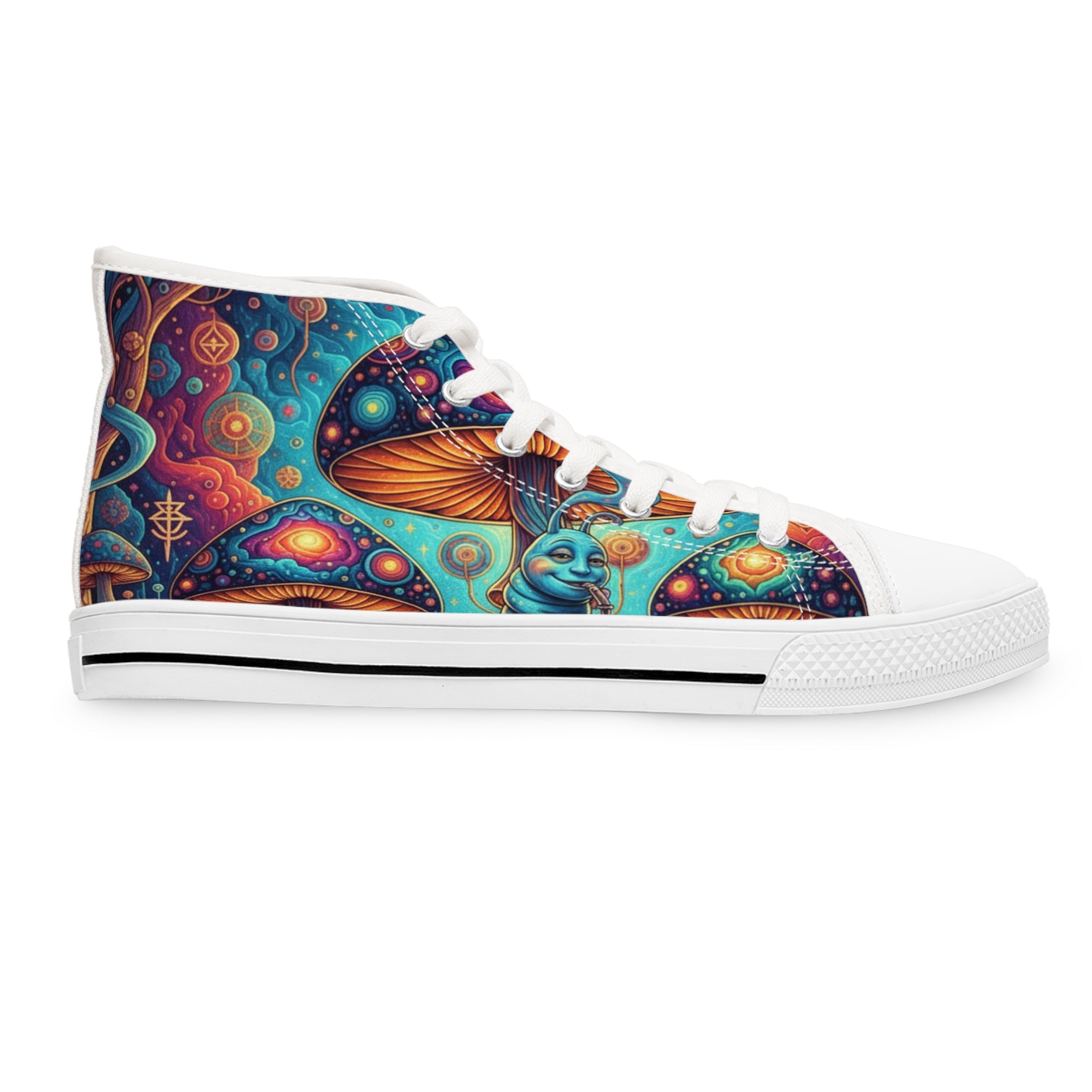 Colorful Psychedelic Mushroom Art High Top Sneakers | Trippy Botanical Pattern