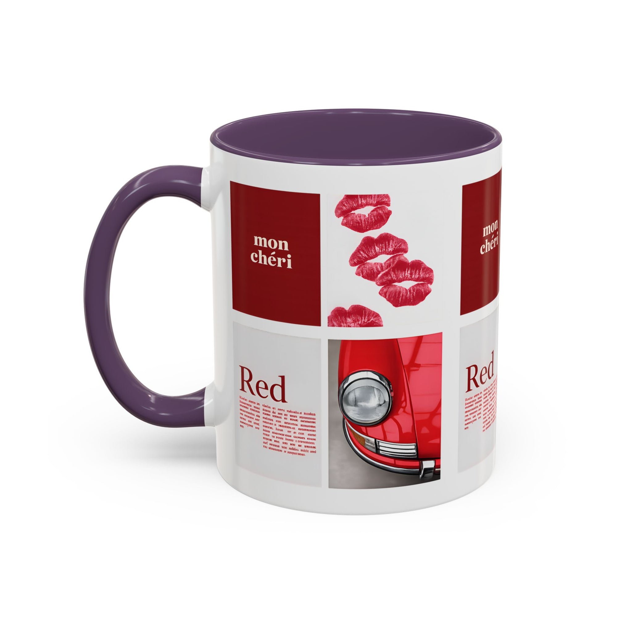 Red Mug | Vintage Car & Kiss Print Coffee Cup | Colorful Ceramic