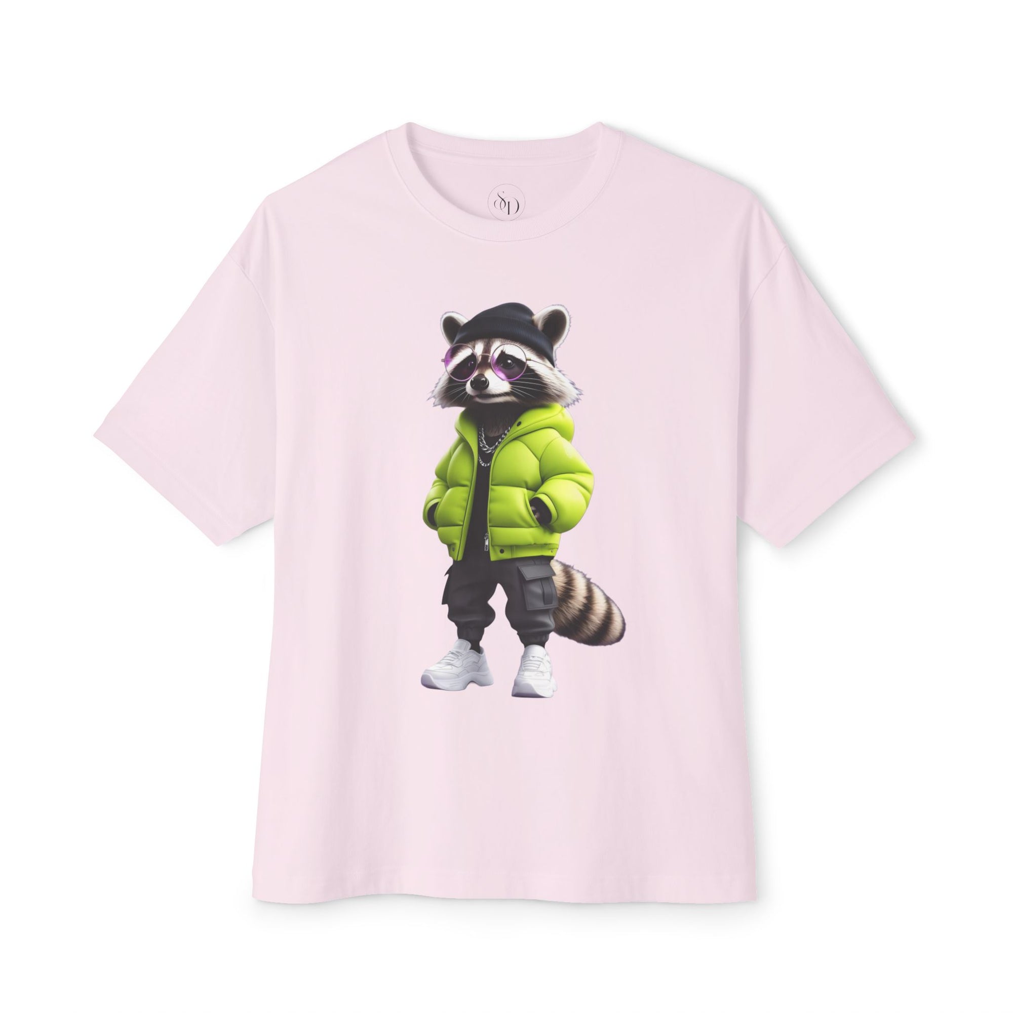 Raccoon Streetwear Tee — Green Puffer Jacket Graphic Oversized T-Shirt