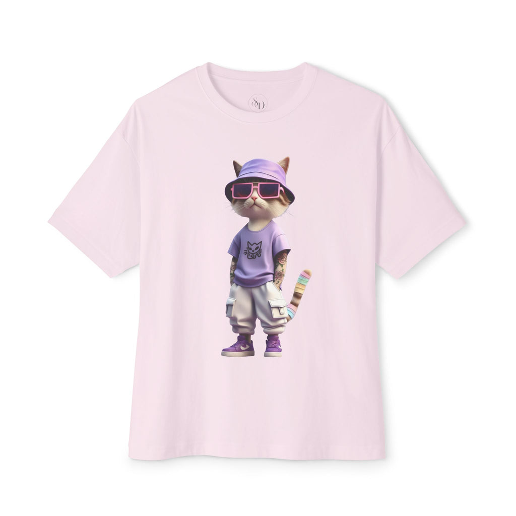 Cool Cat Graphic Oversized Tee – Purple Bucket Hat Streetwear T-Shirt