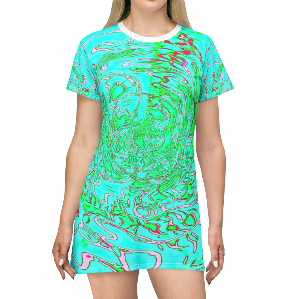 Aqua Neon Swirl T-Shirt Dress | Vibrant Green Marble Festival Outfit | Summer Party Wear