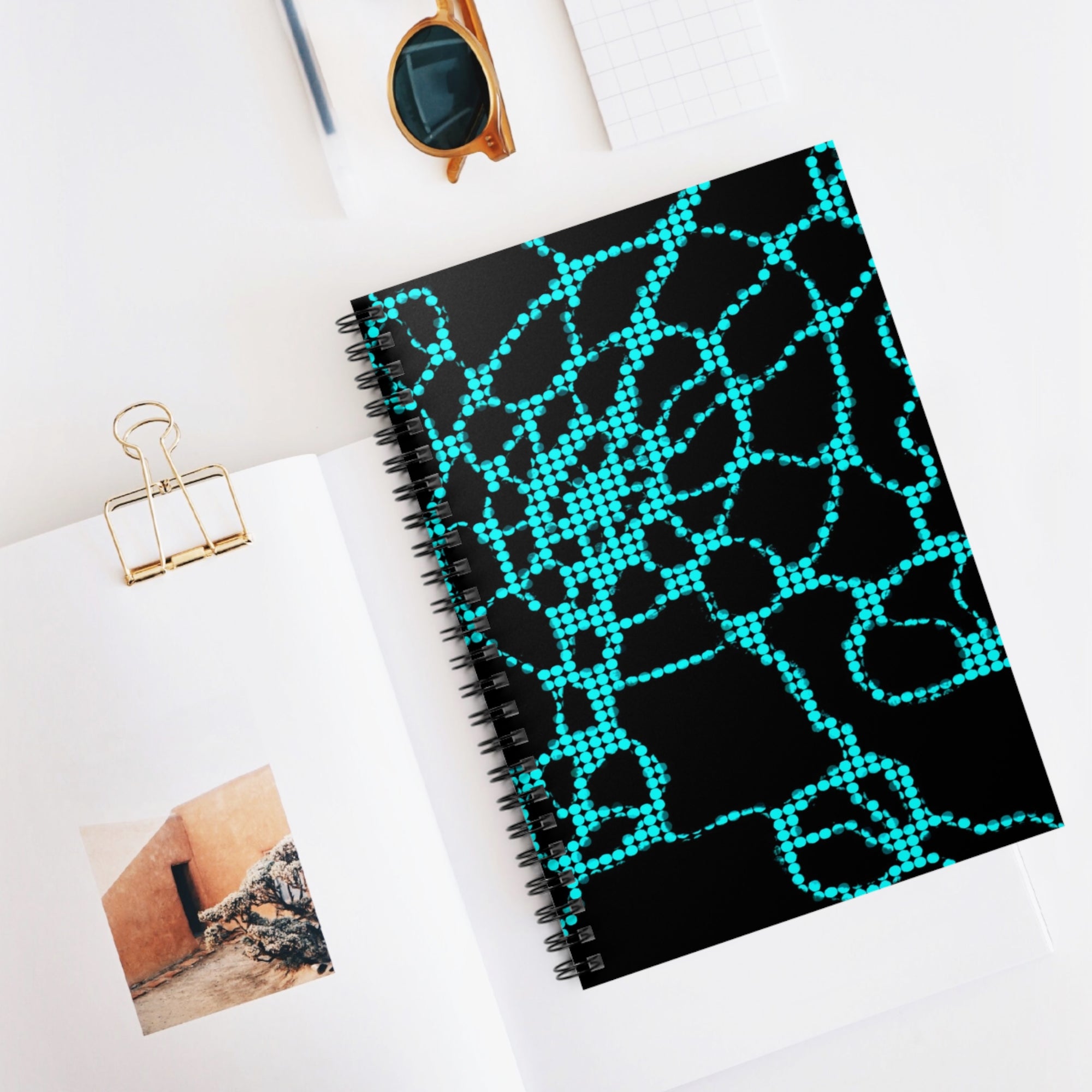 Neon Teal Grid Notebook | Cyber Aesthetic Spiral Journal
