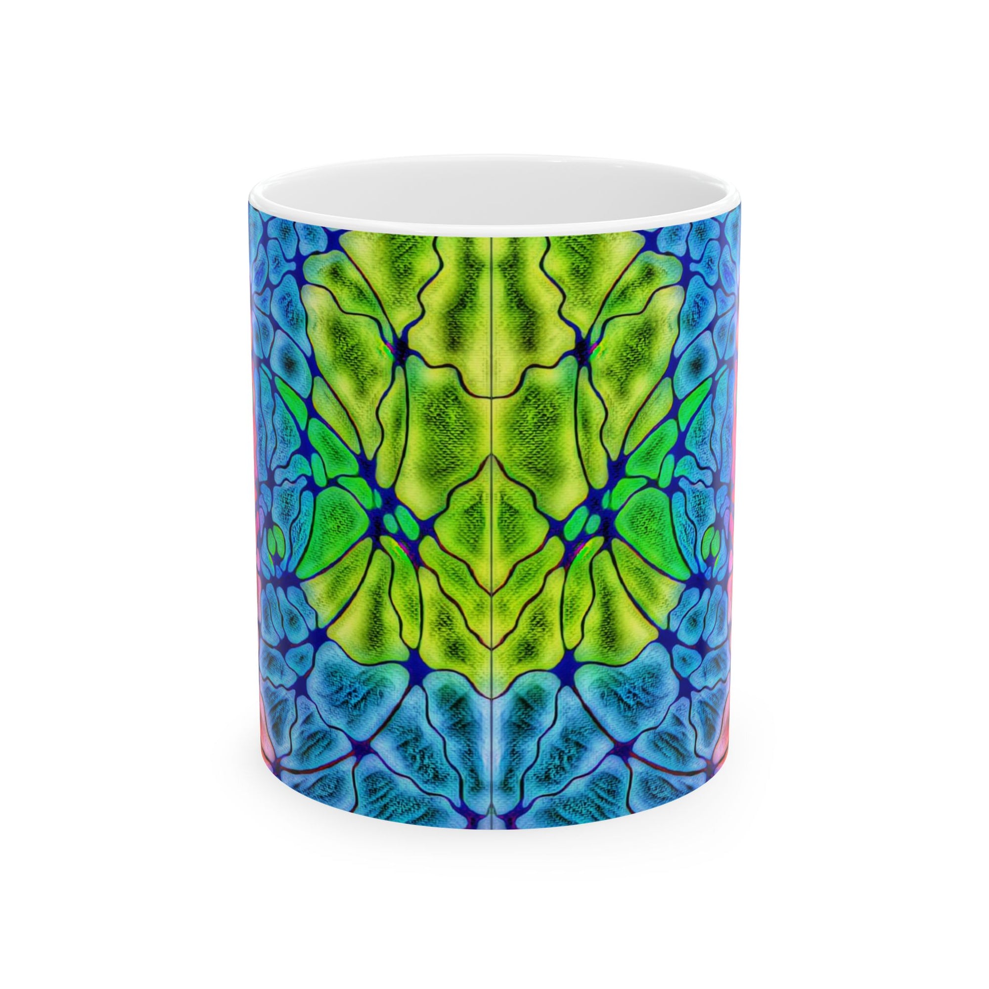 Colorful abstract ceramic mug with multicolor pattern, perfect for coffee or tea lovers, a modern kitchen accent and a unique artistic gift.
