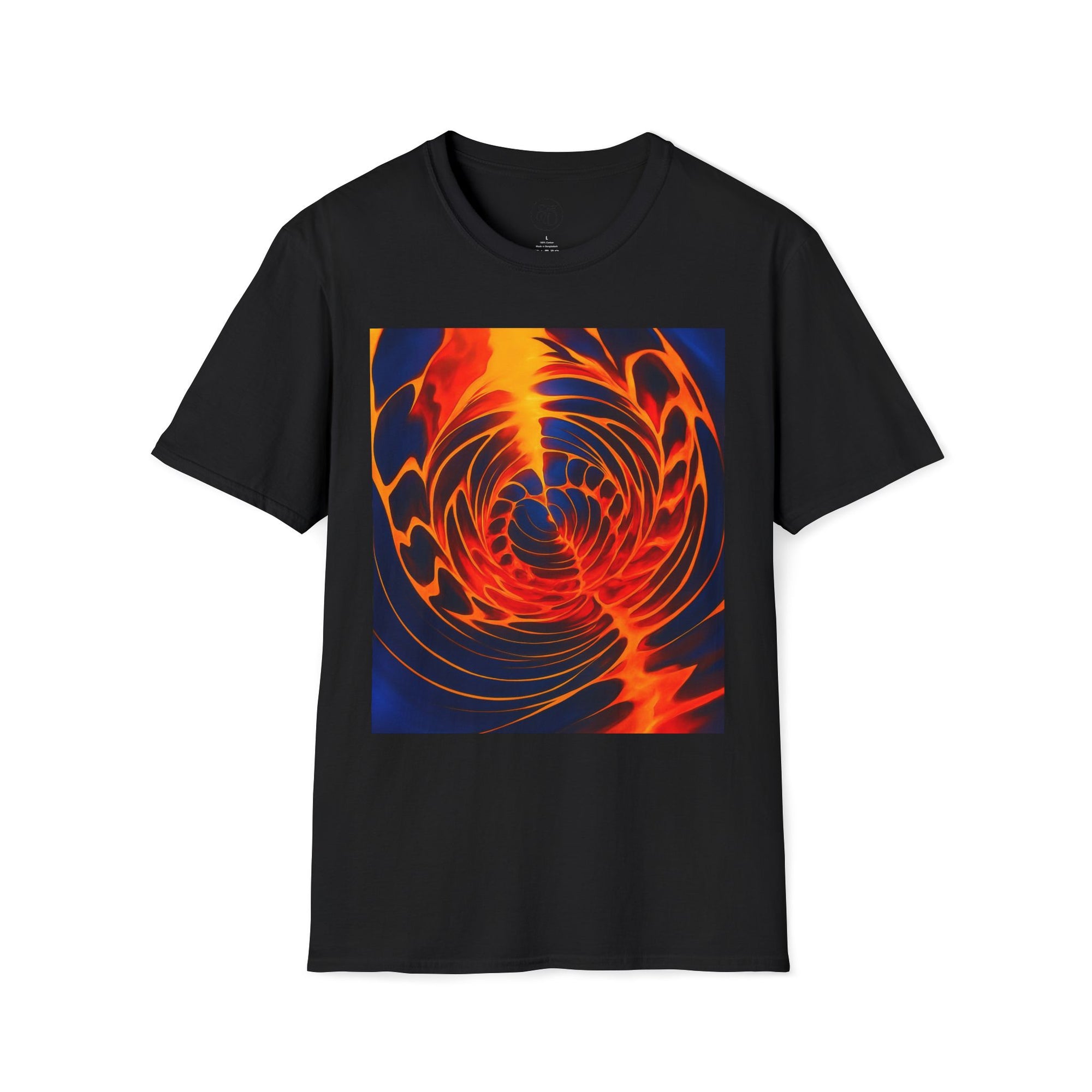 Fiery Vortex Abstract Unisex Tee | Vibrant Lava Swirl Graphic Shirt | Modern Art Apparel