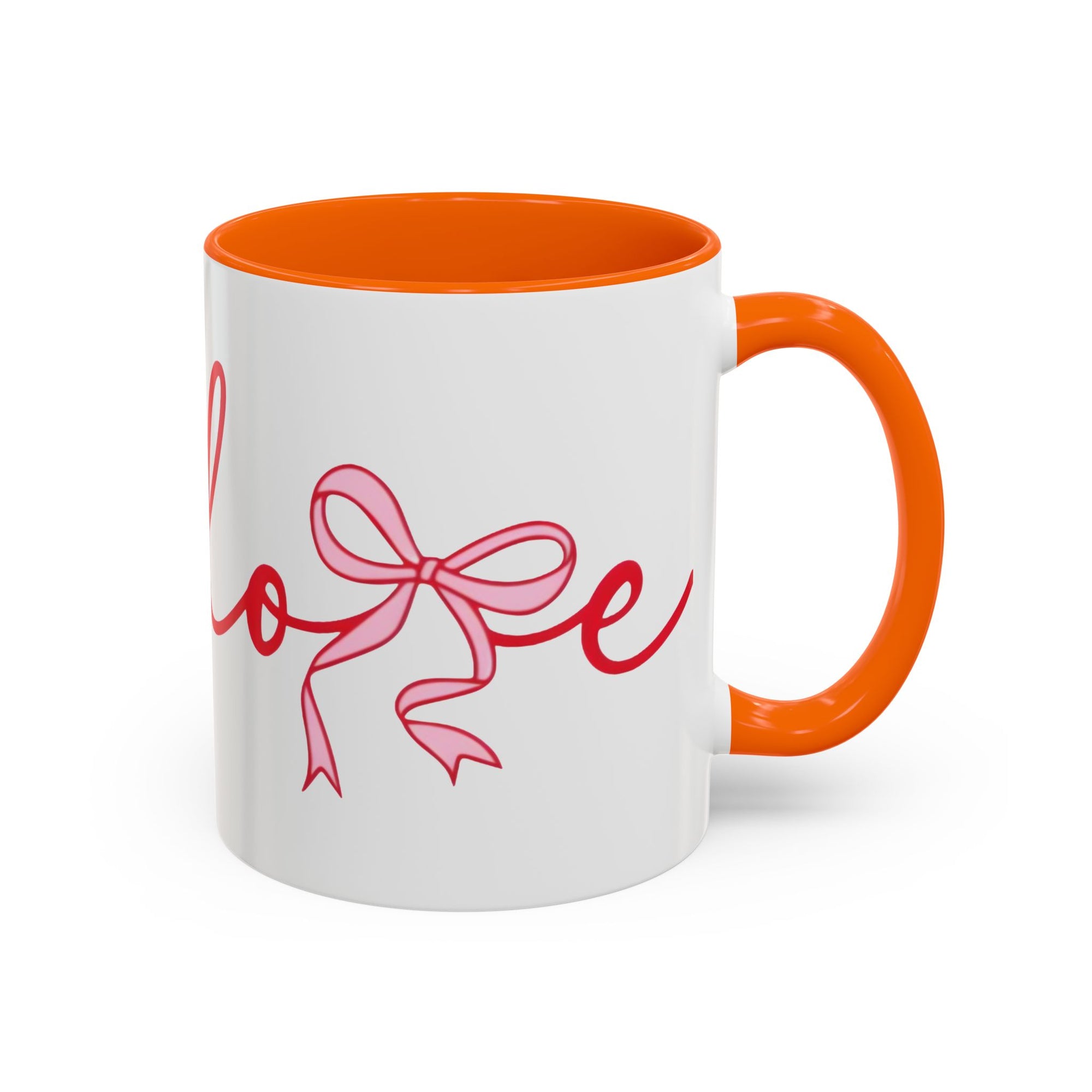 Romantic Love Mug | White Ceramic Coffee Cup with Red Bow Design, Colored Handle