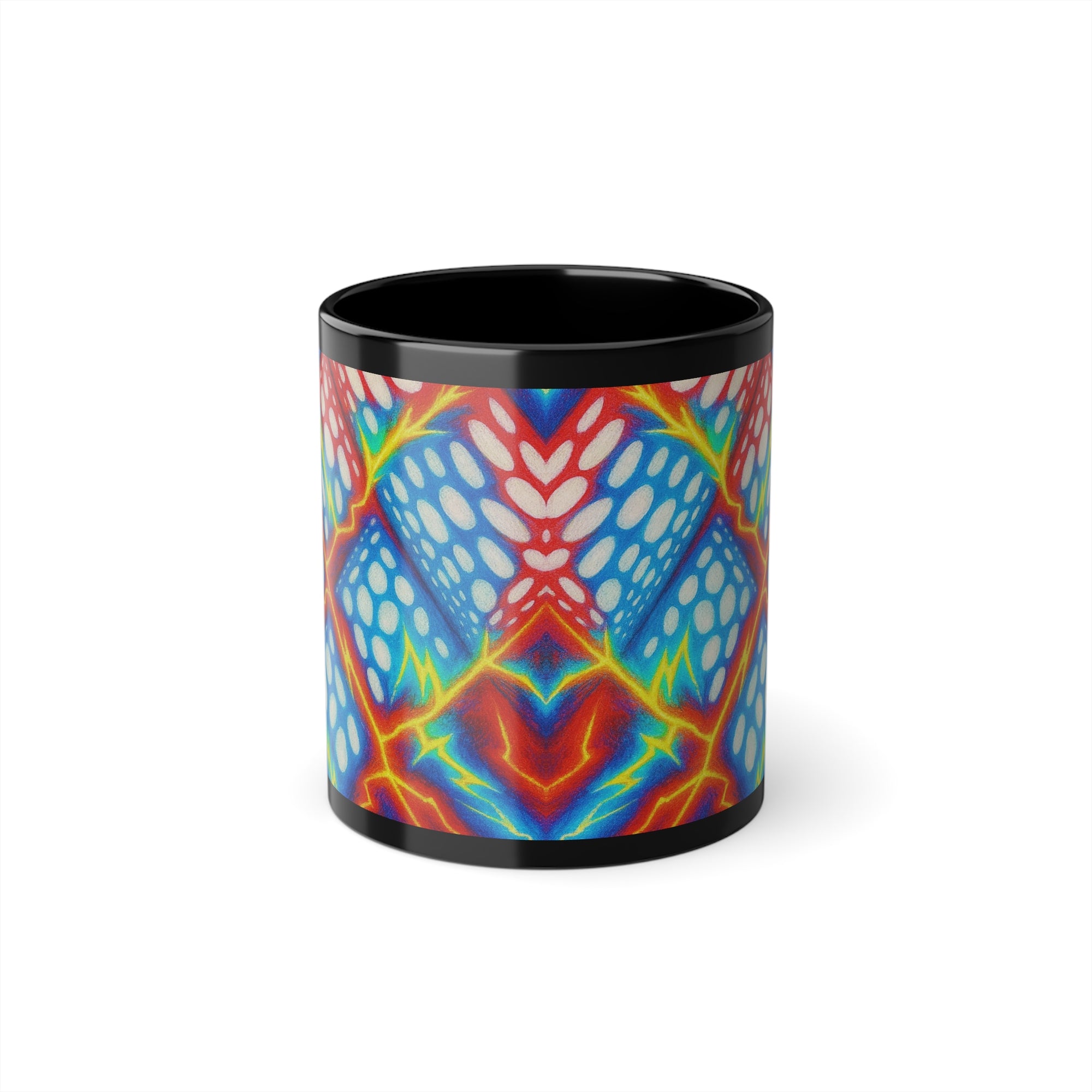 Electric Abstract Coffee Mug | Vibrant Geometric Pattern Cup | Colorful Black Ceramic Drinkware Gift for Art & Design Lovers