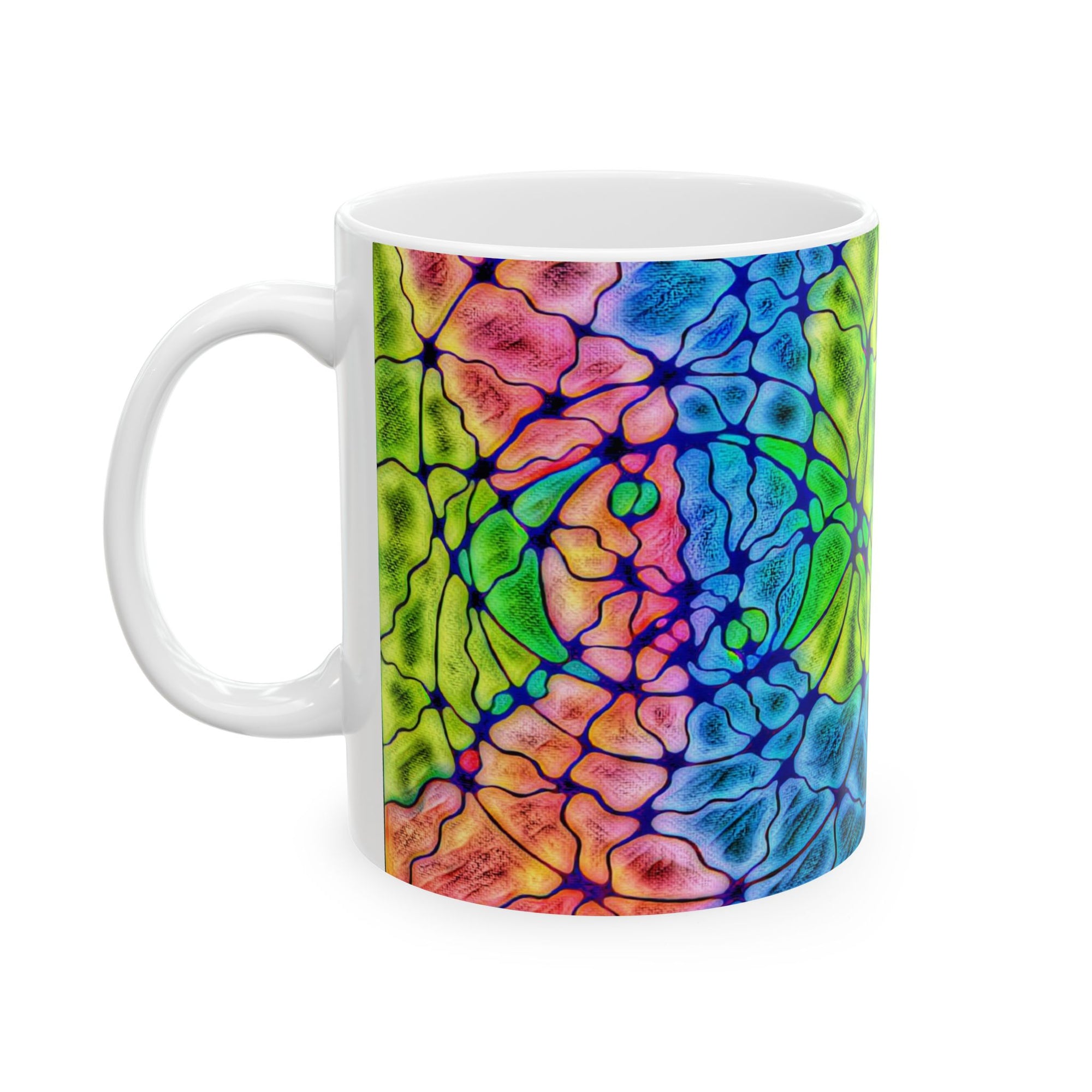 Colorful abstract ceramic mug with multicolor pattern, perfect for coffee or tea lovers, a modern kitchen accent and a unique artistic gift.