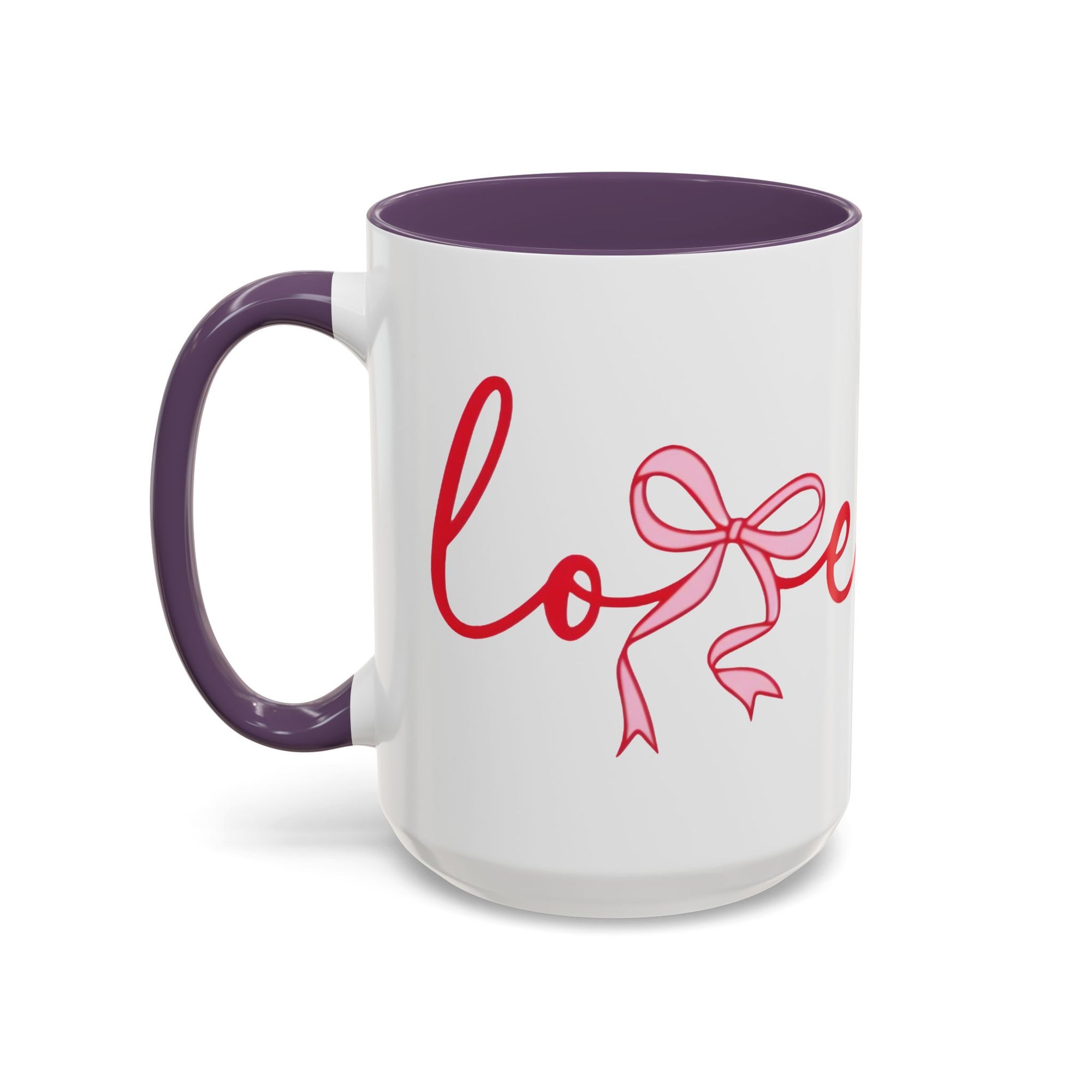 Romantic Love Mug | White Ceramic Coffee Cup with Red Bow Design, Colored Handle