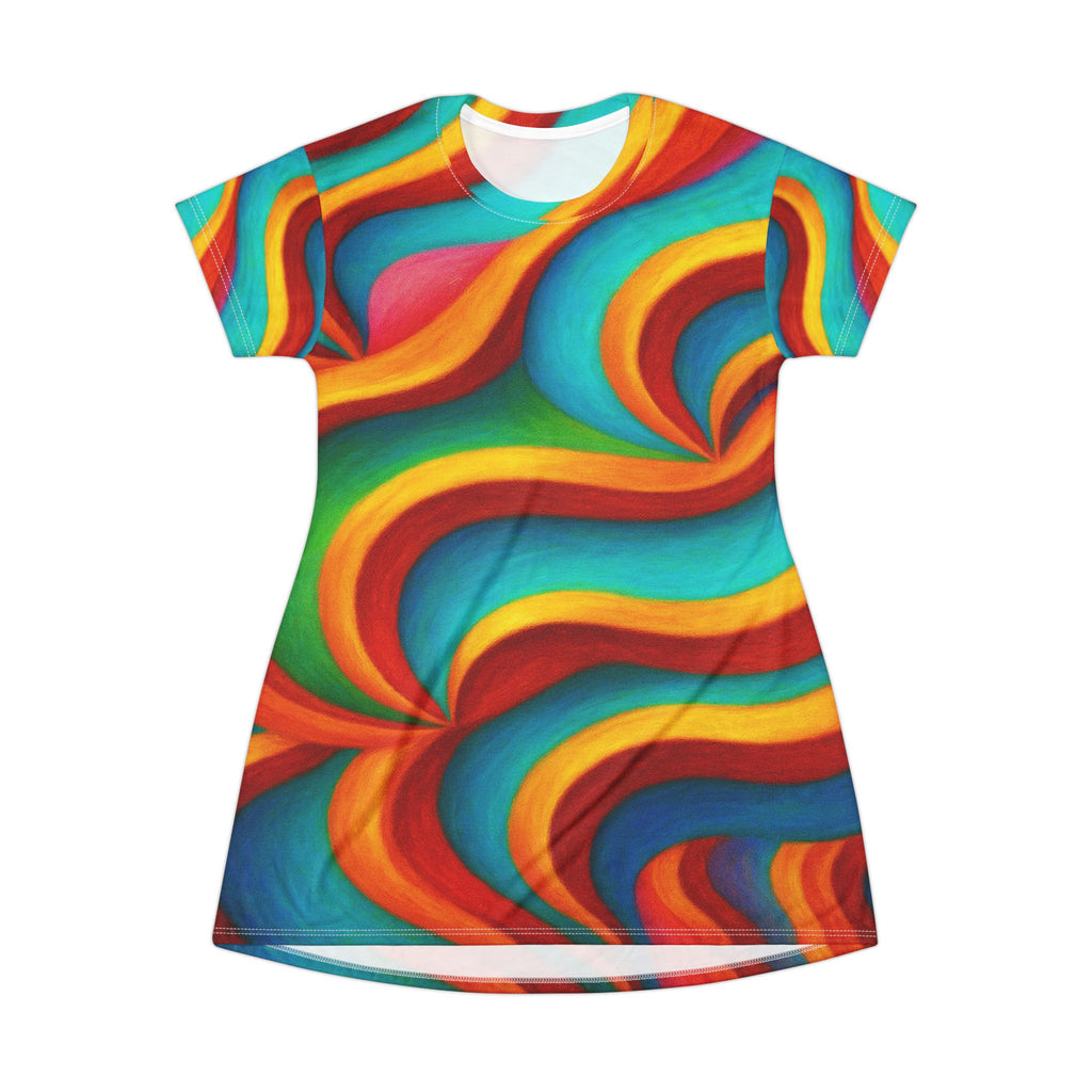Vibrant Rainbow Wave T-Shirt Dress | Colorful Abstract Summer Outfit | Beach Party Wear