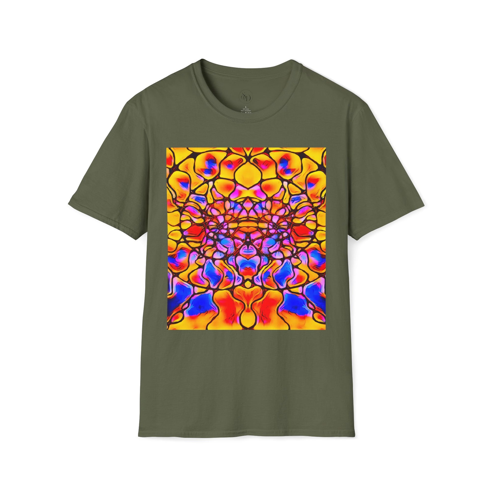 Energetic cotton t-shirt with vivid abstract design, radiates color, power, and inner fire