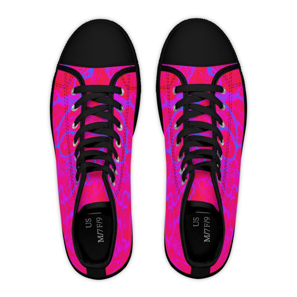 Women's High Top Sneakers with Pink & Blue Neuro-Art, Colorful Canvas Shoes, Unique Artistic Gift, Trendy Custom Footwear