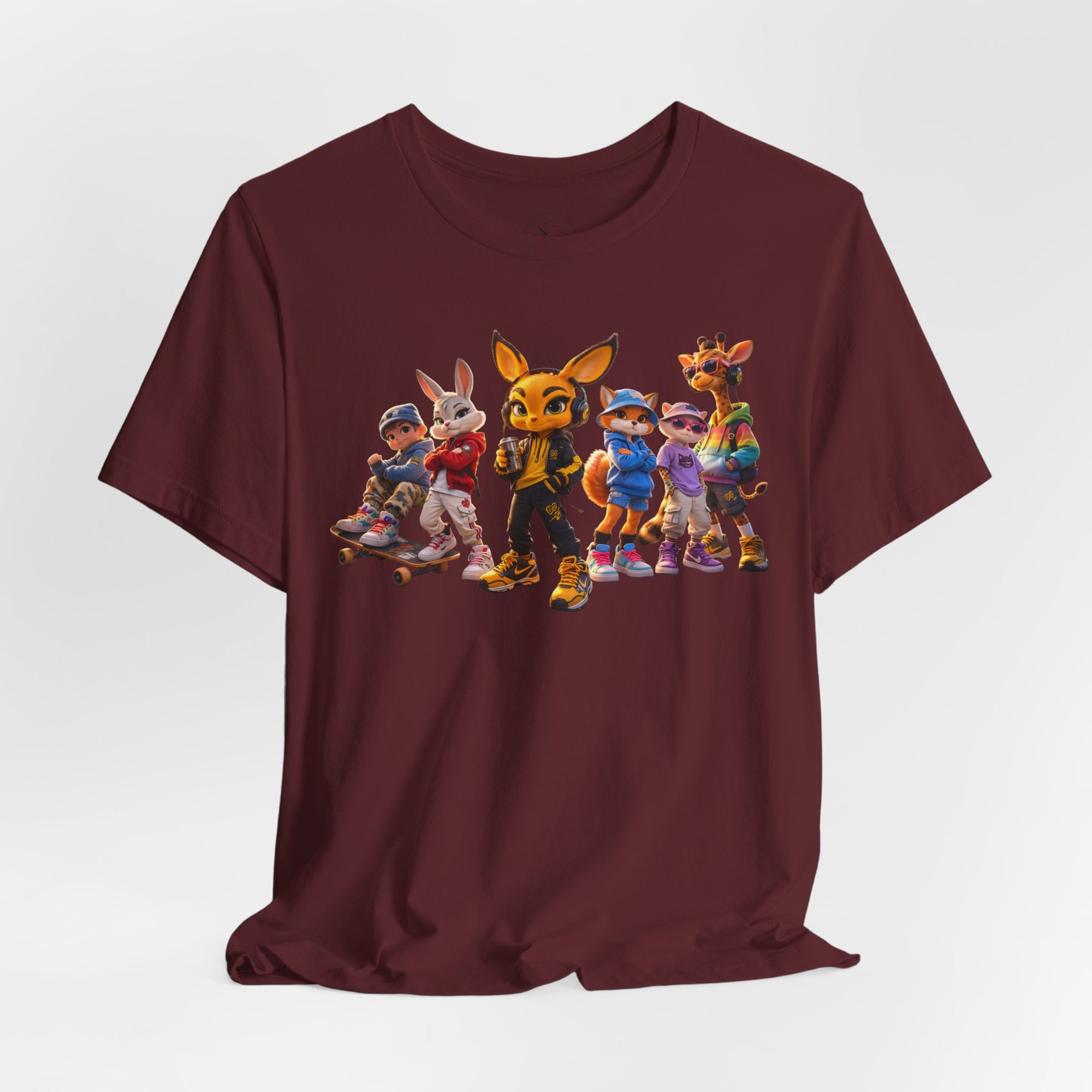 Anthropomorphic Skate Crew T-Shirt | Cartoon Fox, Bunny, Giraffe Characters