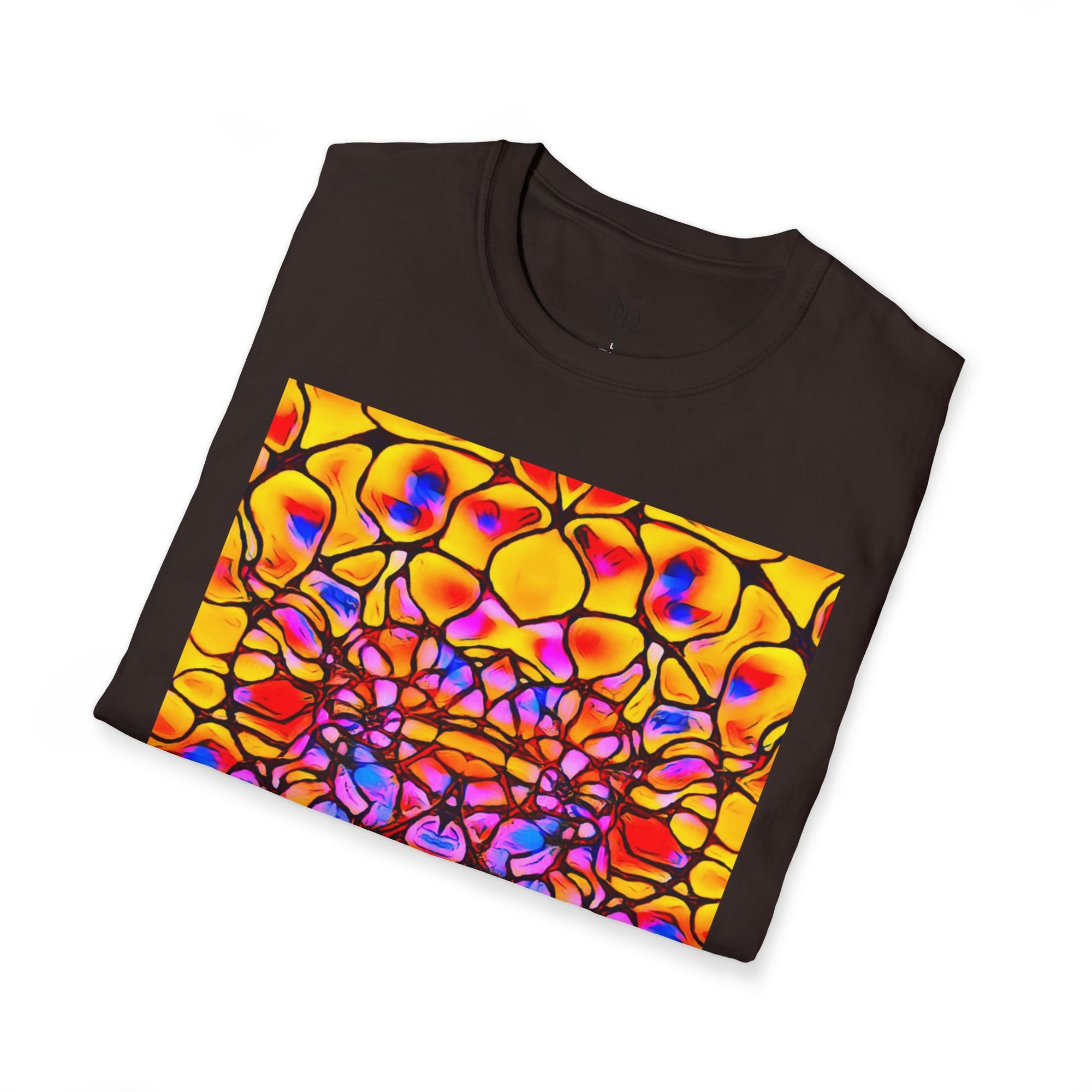 Energetic cotton t-shirt with vivid abstract design, radiates color, power, and inner fire