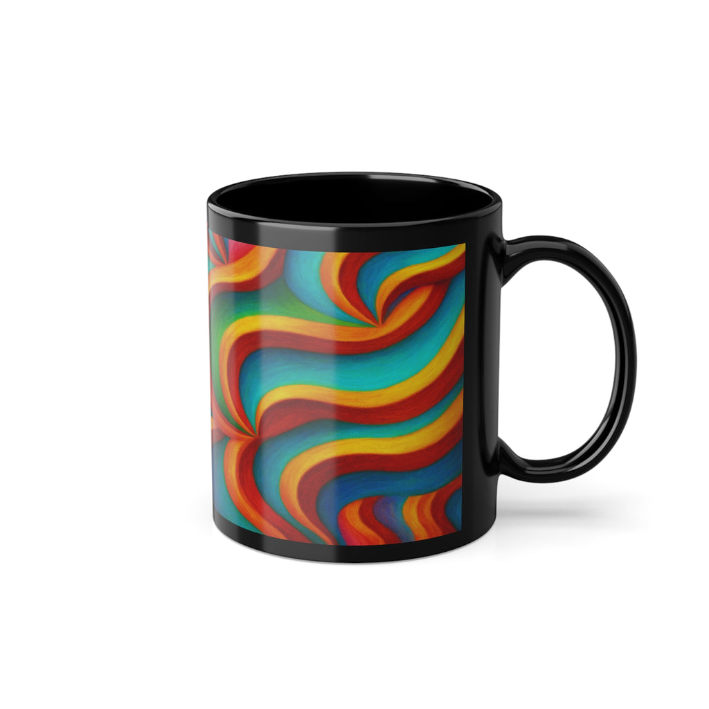 Retro Color Swirl Coffee Mug | Vibrant Abstract Black Ceramic Cup | Artistic Rainbow Drinkware Gift for Creatives