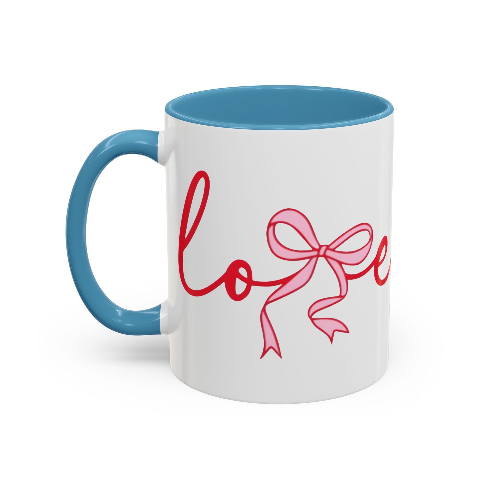Romantic Love Mug | White Ceramic Coffee Cup with Red Bow Design, Colored Handle