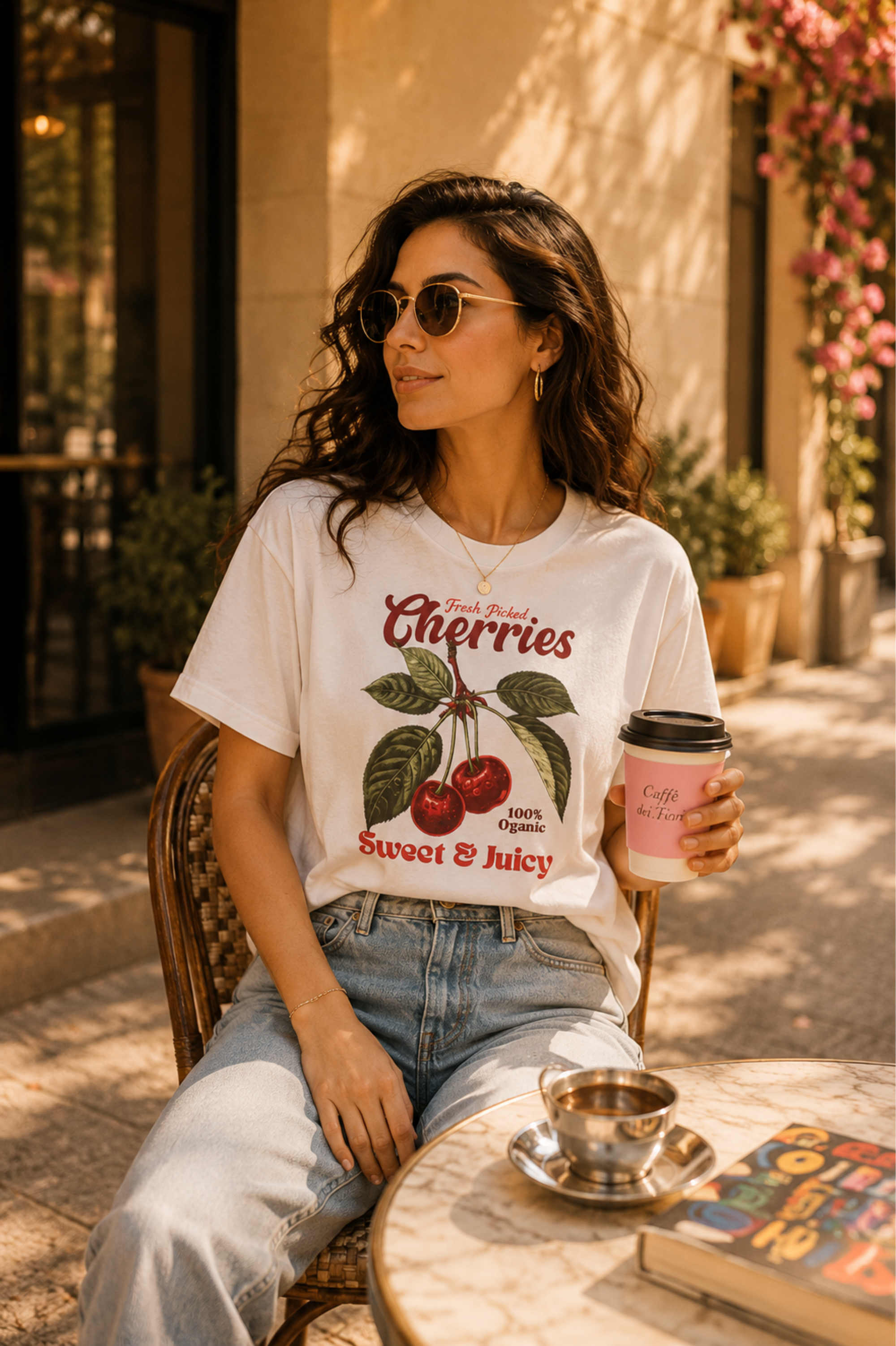 White relaxed-fit T-shirt with a vintage botanical cherry illustration and retro red script reading "Fresh Picked Cherries — Sweet & Juicy," worn tucked into wide-leg jeans at a sun-dappled outdoor café table — Studio DeLuz graphic tee styled for everyday wear.