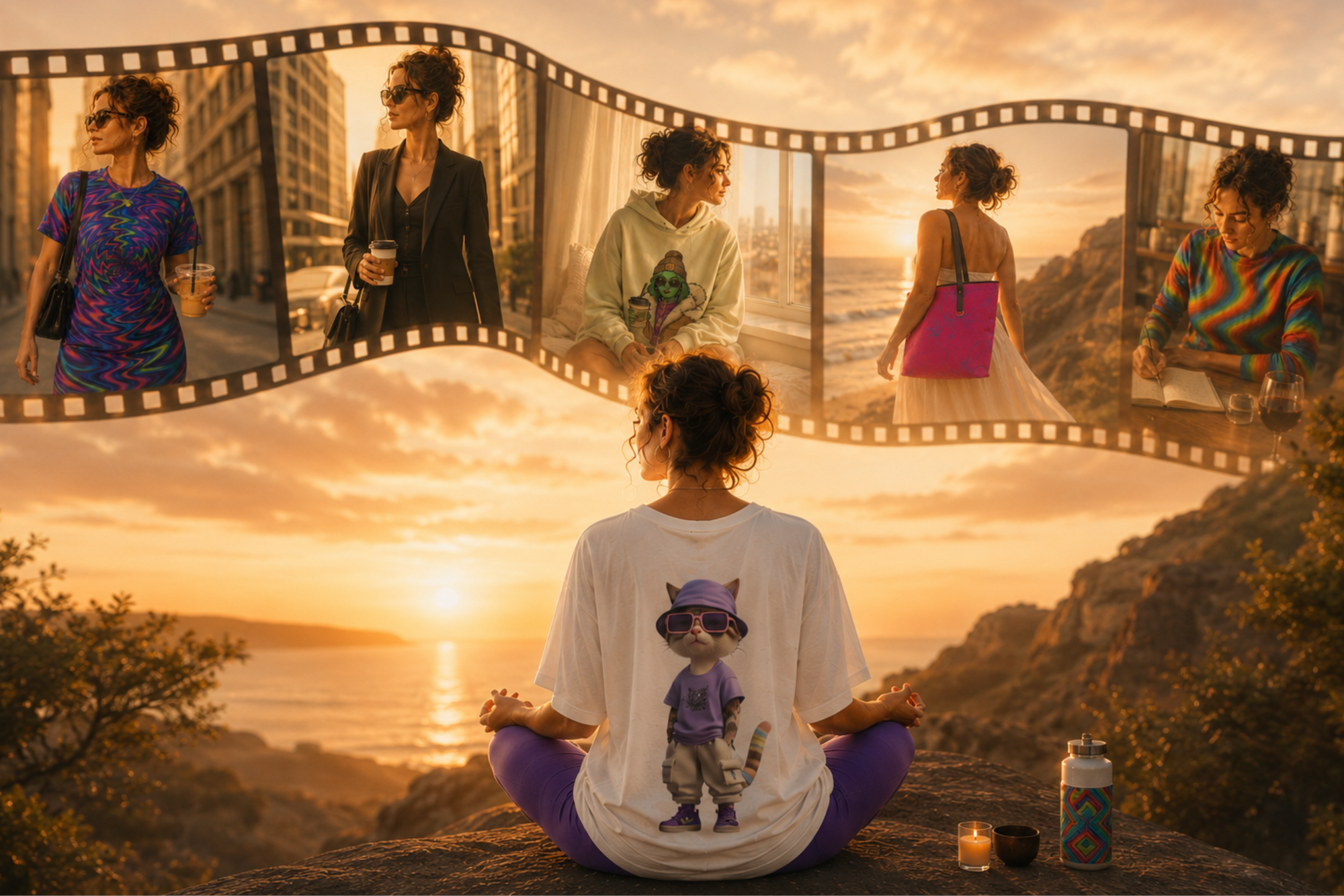 A woman sits in meditation on a seaside cliff at sunset while a flowing filmstrip above her reveals different moments of her life, showing her in colorful clothing, professional attire, casual wear, creative work, and everyday experiences, illustrating how personal style changes with mood, environment, and different stages of life.