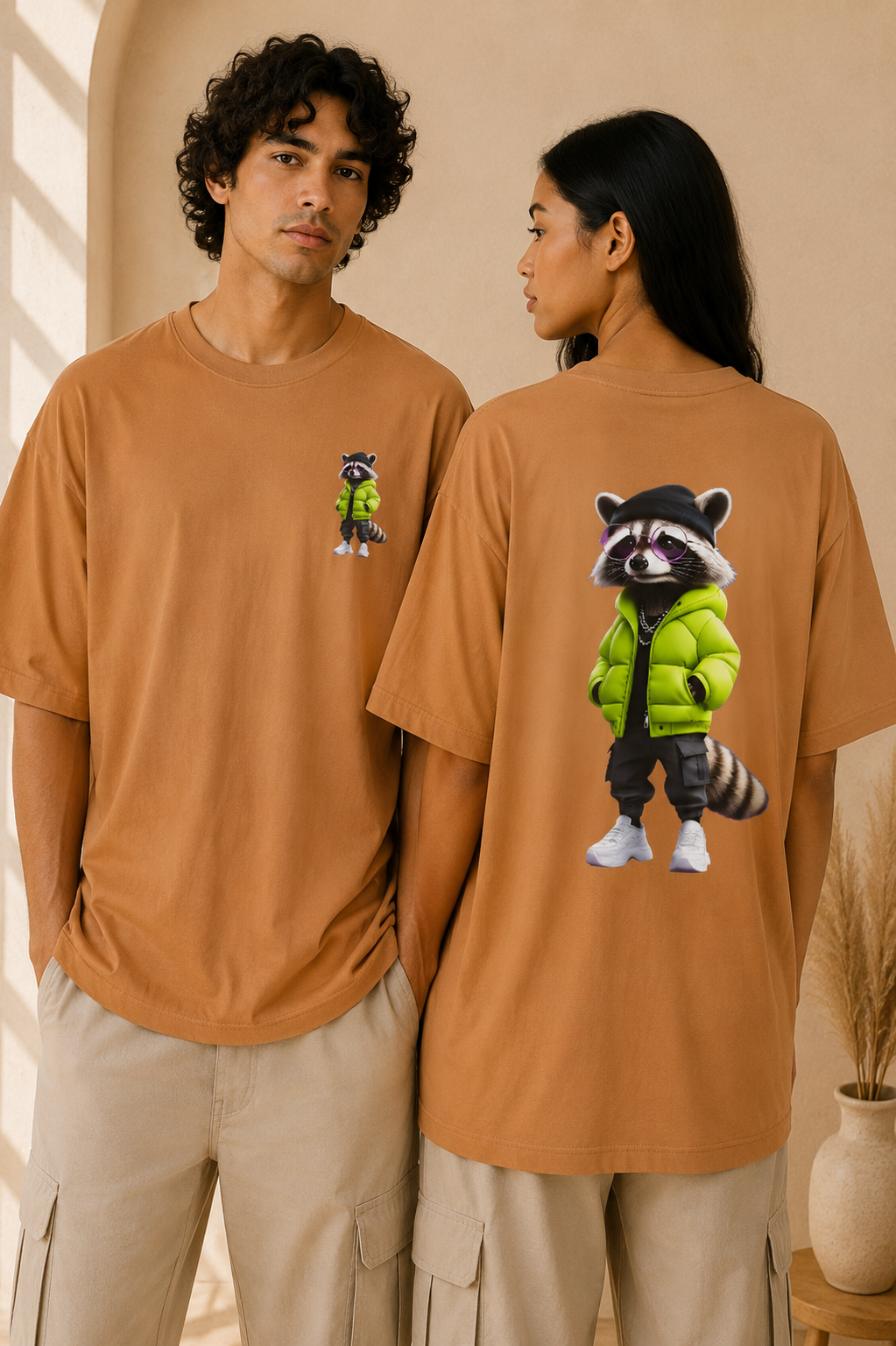 Caramel oversized unisex T-shirt featuring a 3D cartoon raccoon in a lime green puffer jacket, black cap, purple sunglasses, and white sneakers — displayed front (small chest graphic) and back (large center print) on two models, Studio DeLuz.